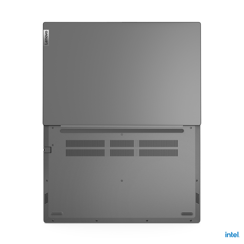 Vista inferiore di un laptop Lenovo grigio. Mostra fessure di ventilazione, viti e logo Lenovo. Sfondo bianco.