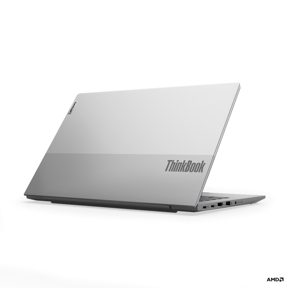 Un laptop Lenovo ThinkBook argentato, vista posteriore, leggermente aperto.