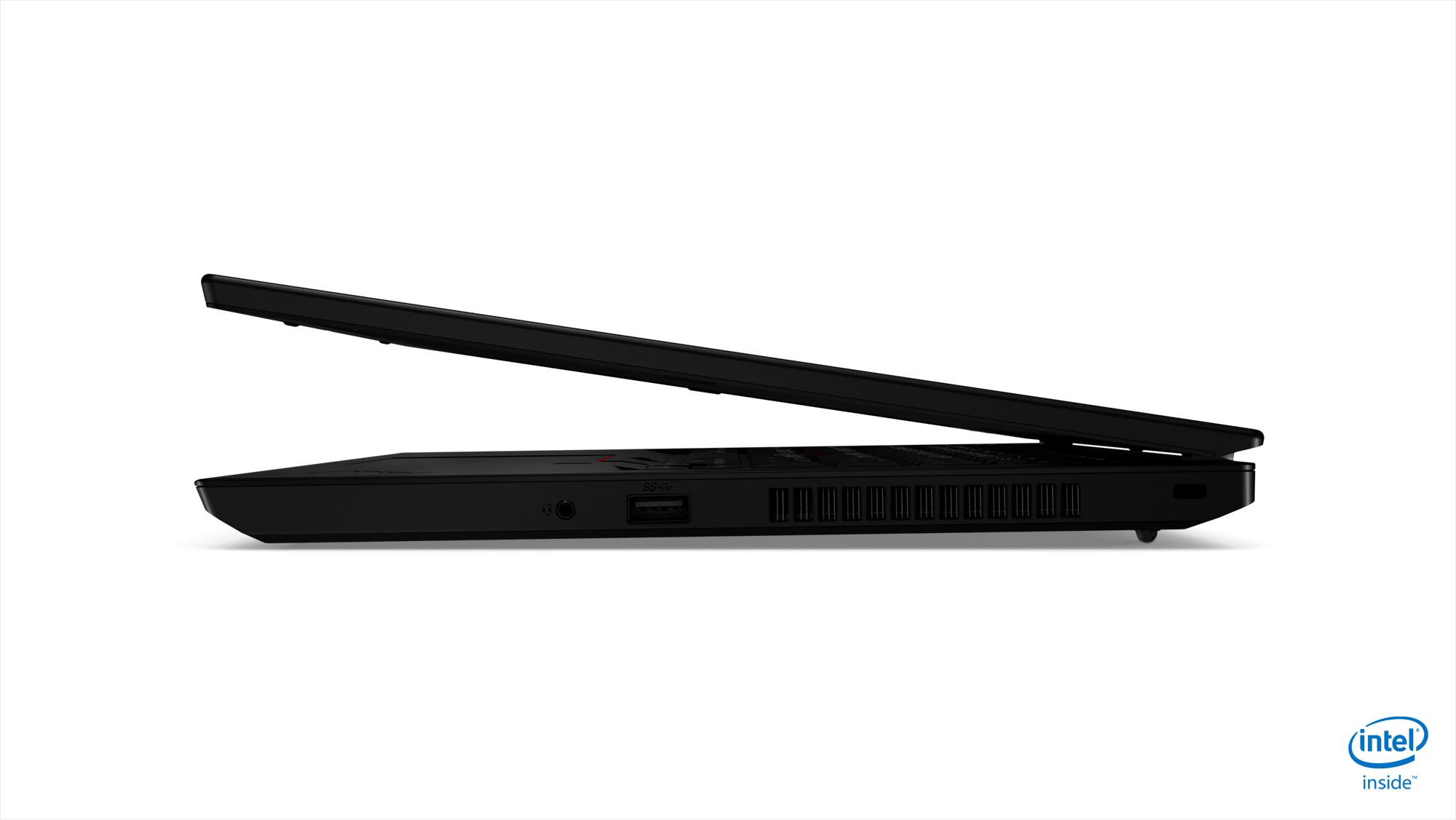 Laptop nero, vista laterale, parzialmente aperto. Logo Intel inside in basso a destra.