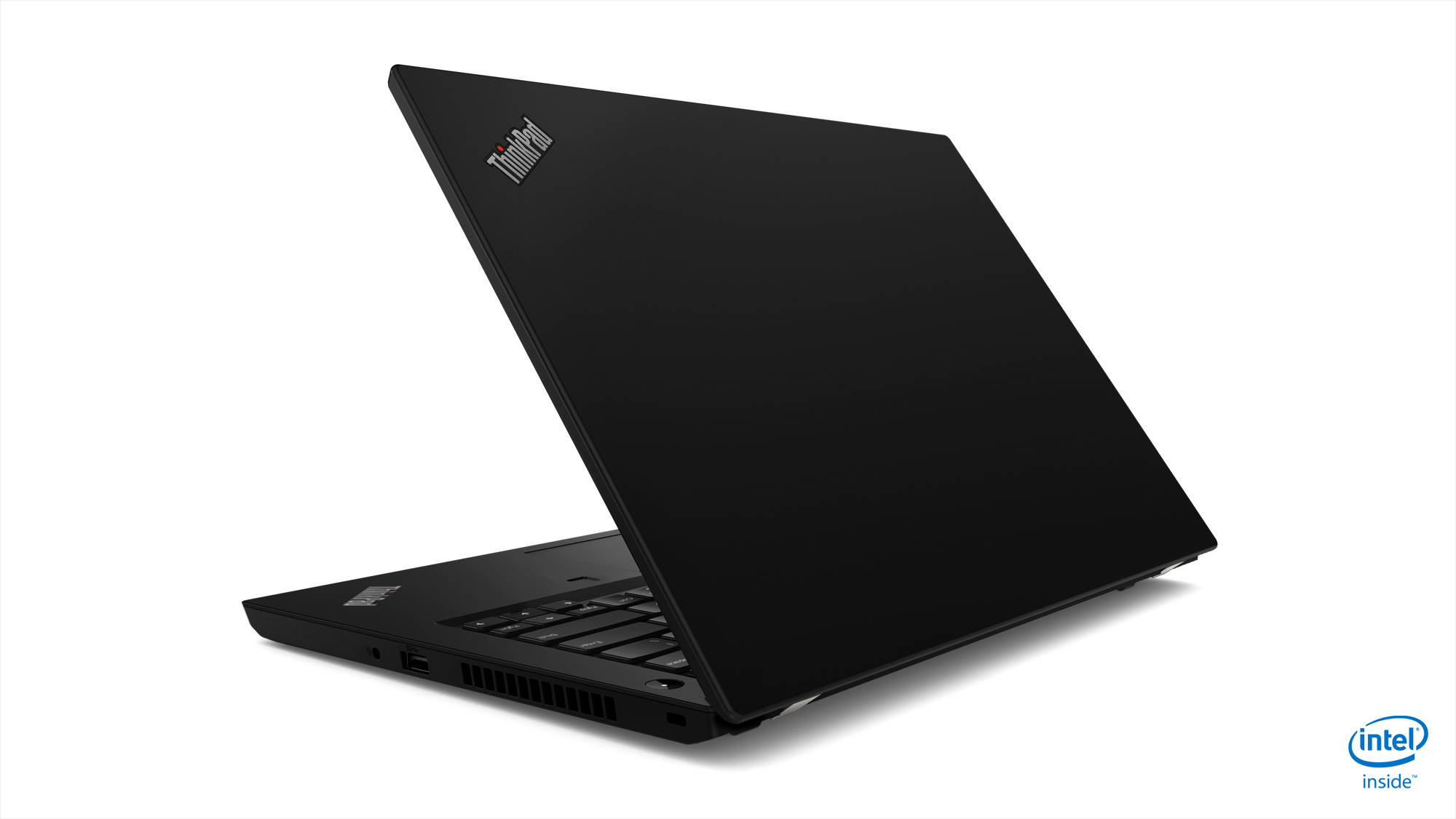 Laptop ThinkPad nero, vista posteriore, leggermente aperto. Logo ThinkPad in alto. Logo Intel Inside in basso.