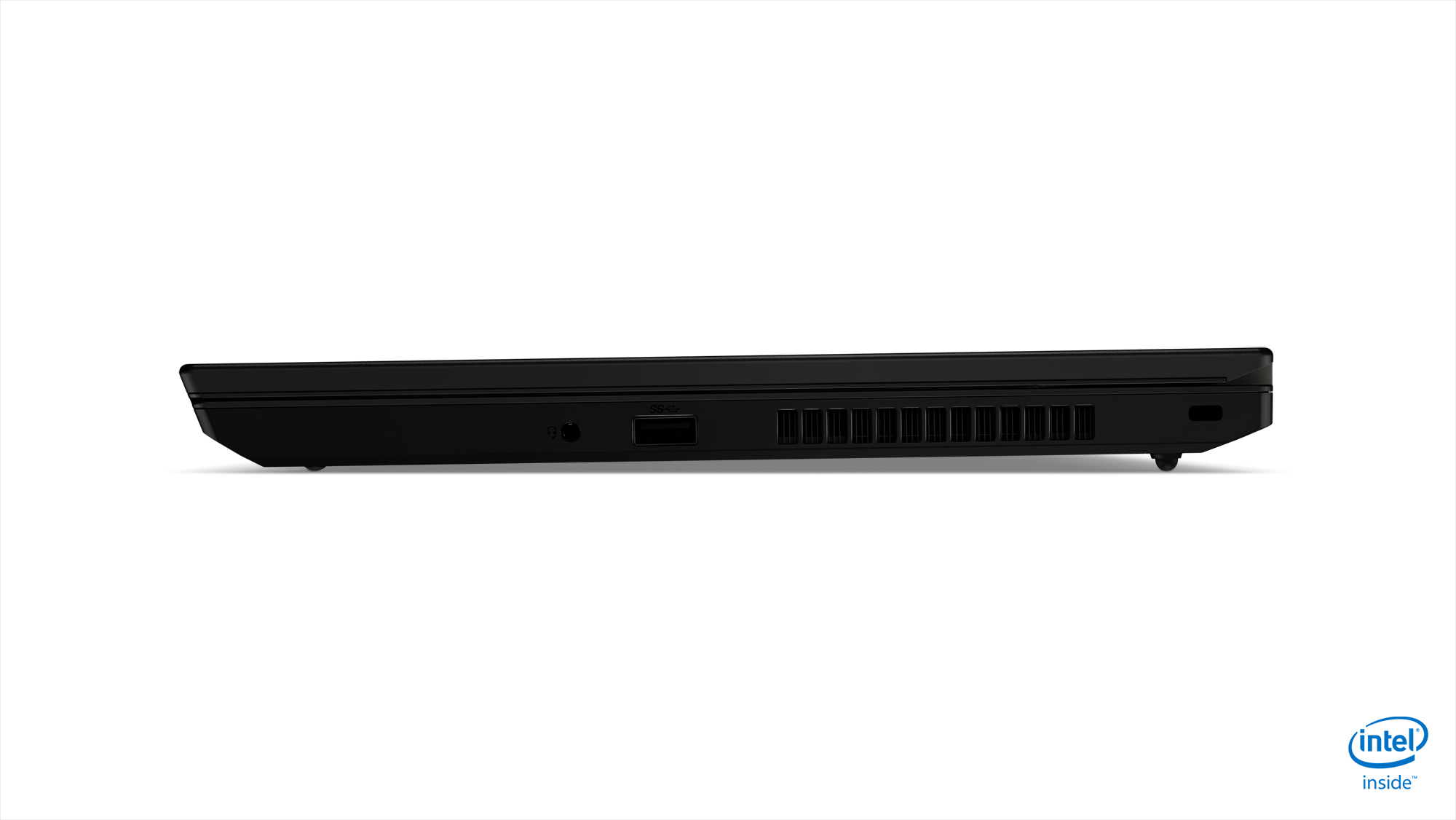 Vista laterale di un laptop nero, che mostra le porte e il design, con il logo Intel inside in basso.