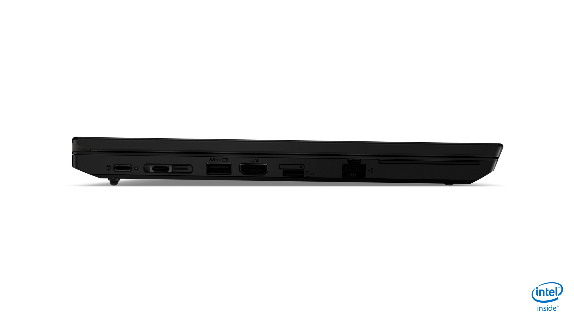 Vista inferiore di un laptop nero con porte.