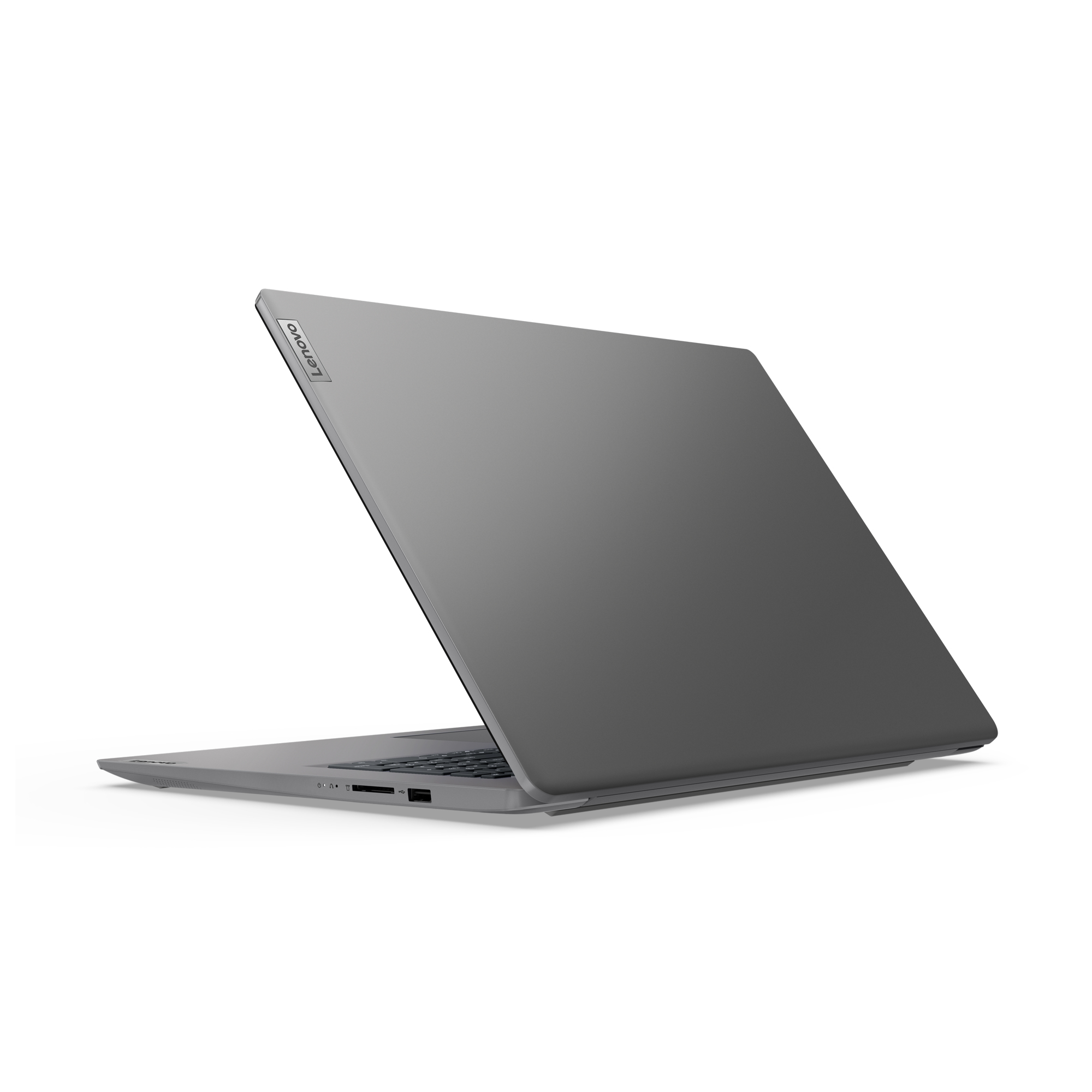 Ein grauer Lenovo-Laptop, leicht geöffnet, zeigt die Rückseite. Die Oberfläche ist glatt.