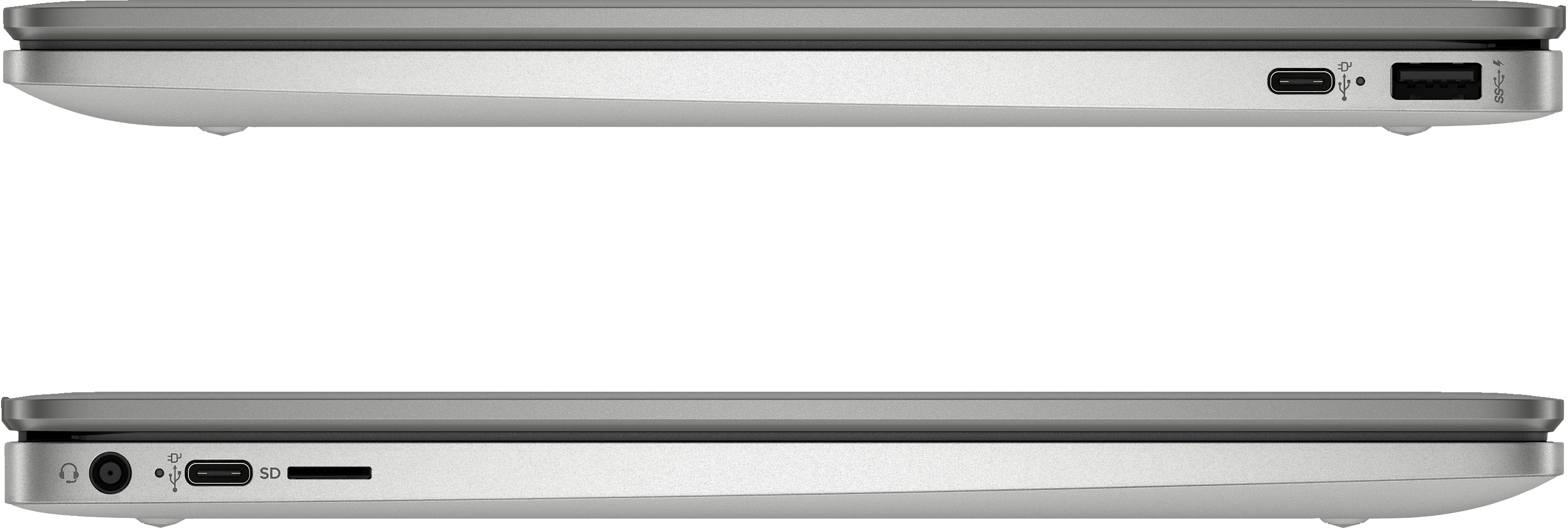 Vista laterale di un laptop che mostra le porte. Due immagini, una sopra l'altra.