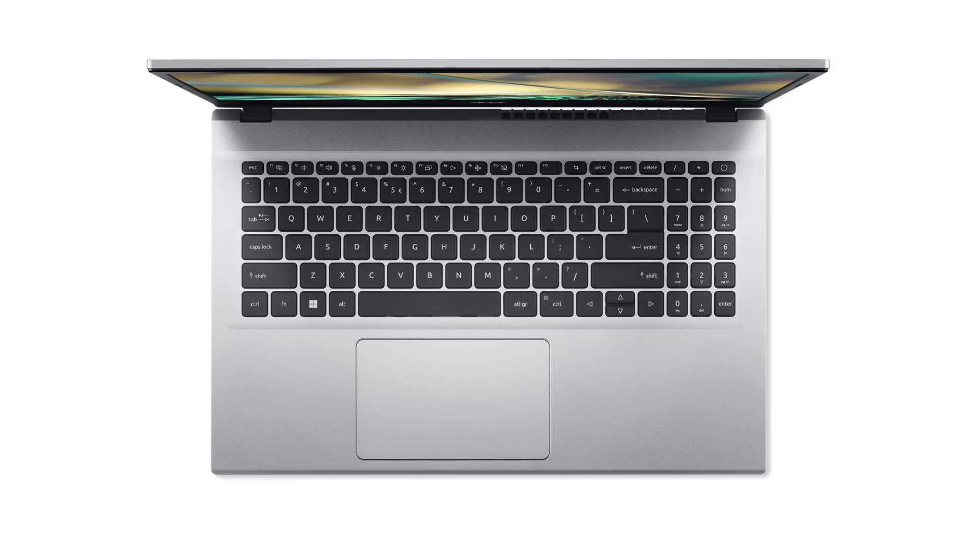 Un laptop, vista dall'alto. La tastiera è visibile, con una cornice argentata. Lo schermo è aperto, mostrando uno sfondo bianco.