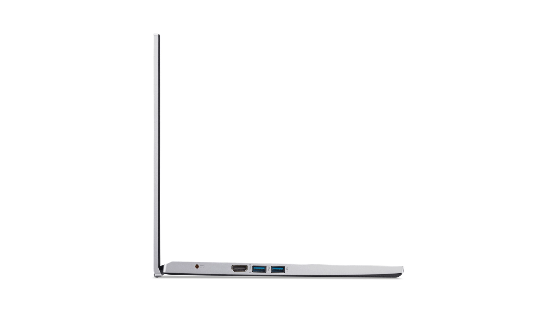 Vista laterale di un laptop sottile, bianco, con porte e bordo viola, su sfondo bianco.