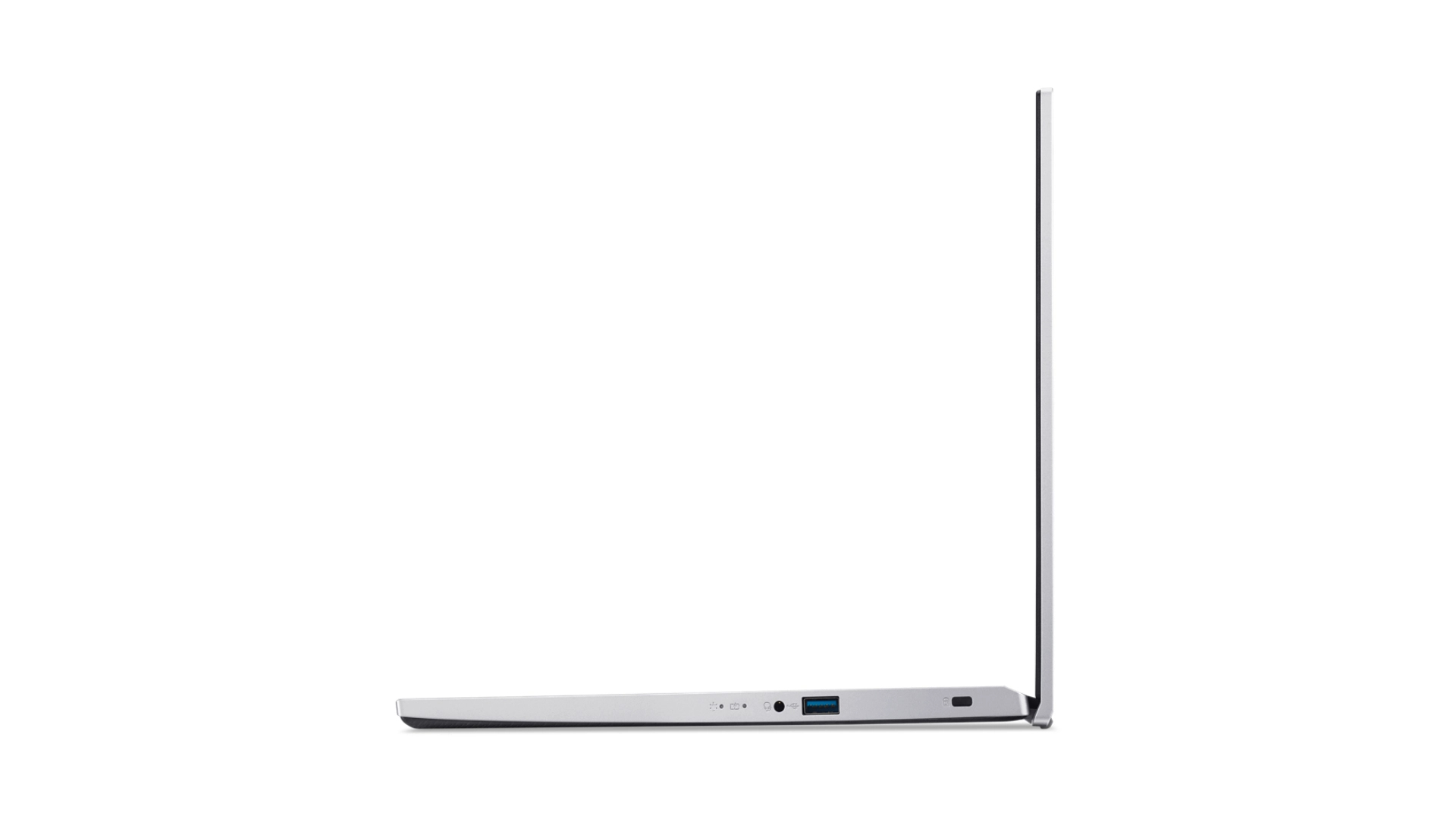 Vista laterale di un laptop argentato, chiuso, che mostra le porte sul lato.