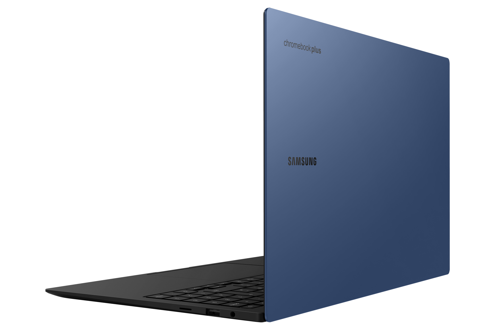 Vista posteriore del Chromebook Plus blu di Samsung. I loghi Samsung e Chromebook Plus sono visibili.