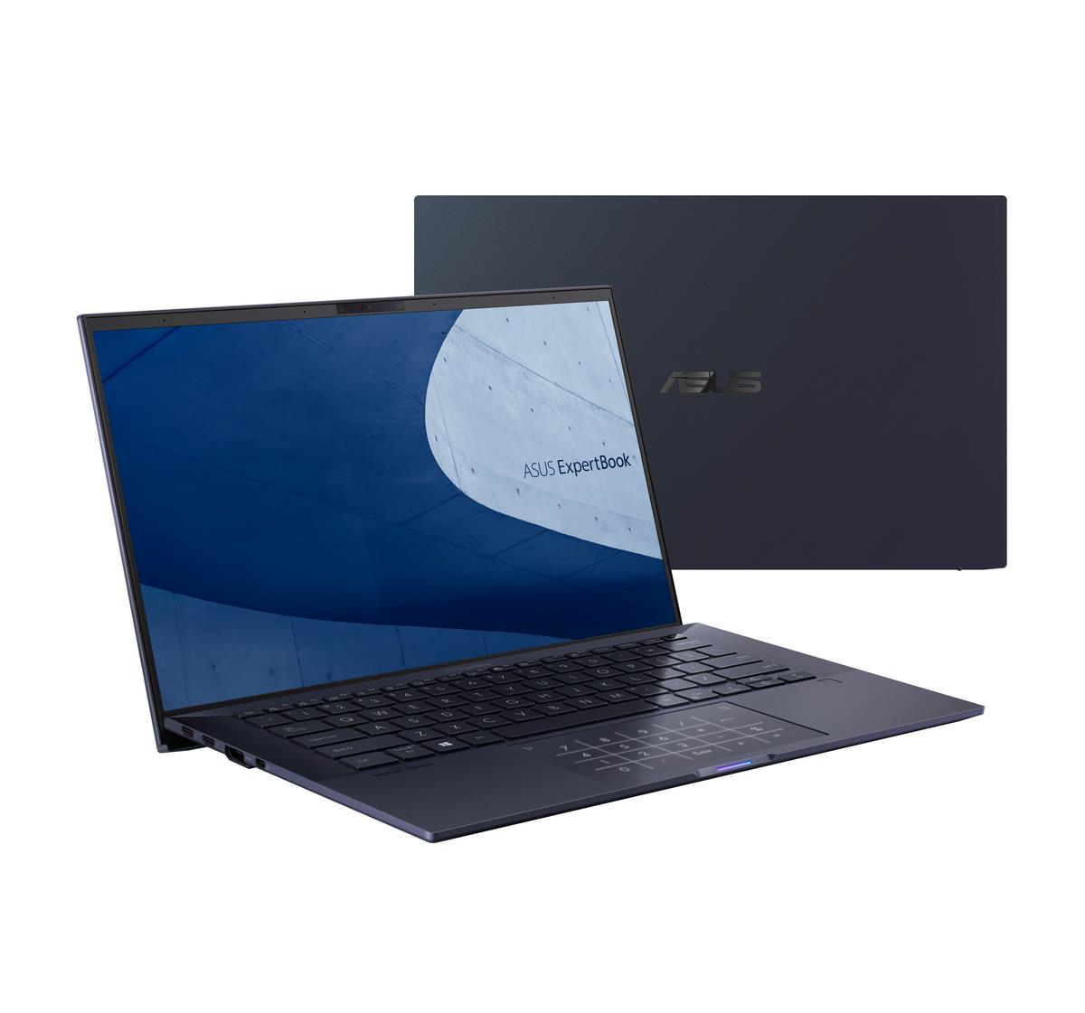 Laptop blu con schermo scuro. Un altro laptop è sul retro.