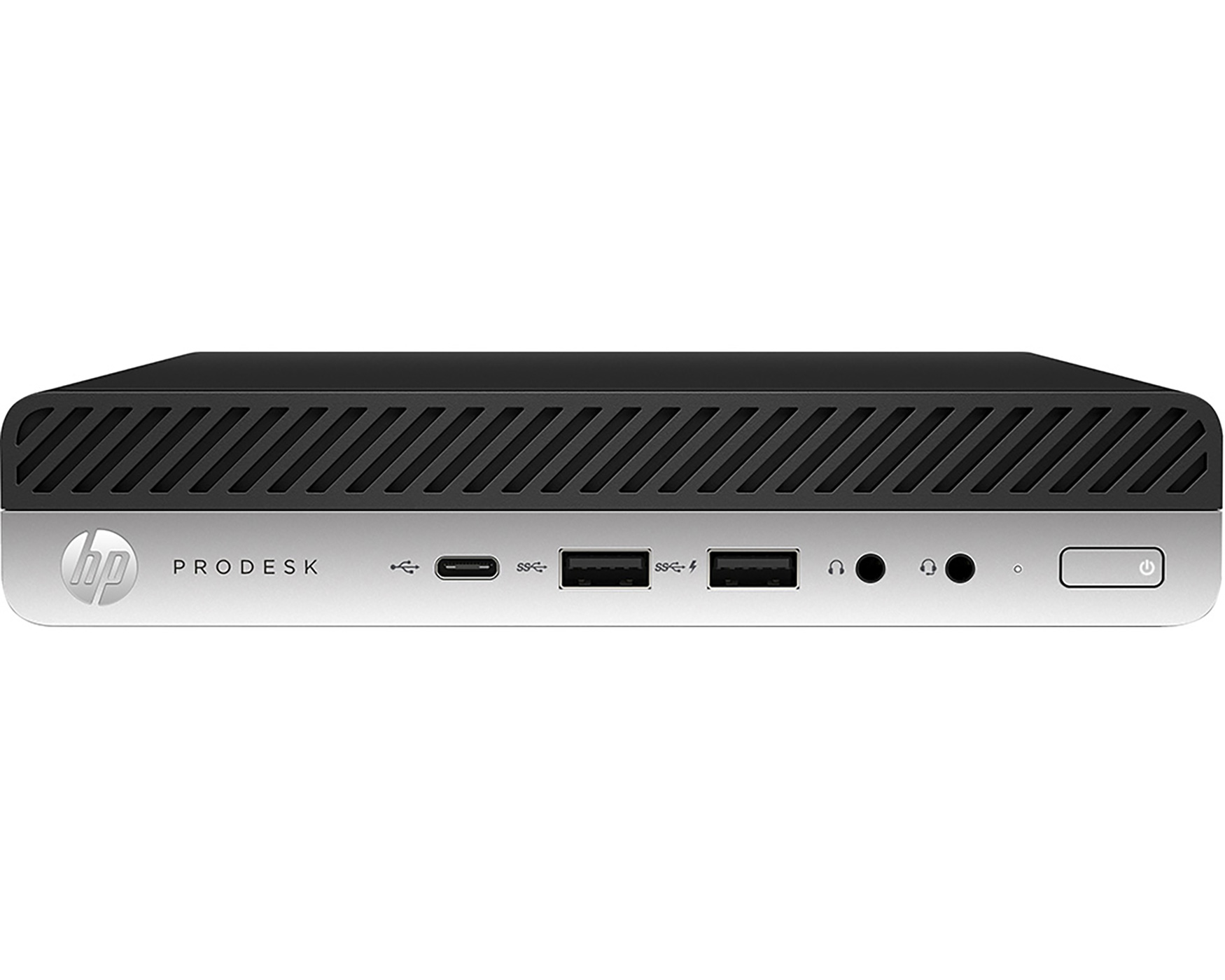 Kleine zwarte computer met poorten en een aan/uit-knop. Witte achtergrond.