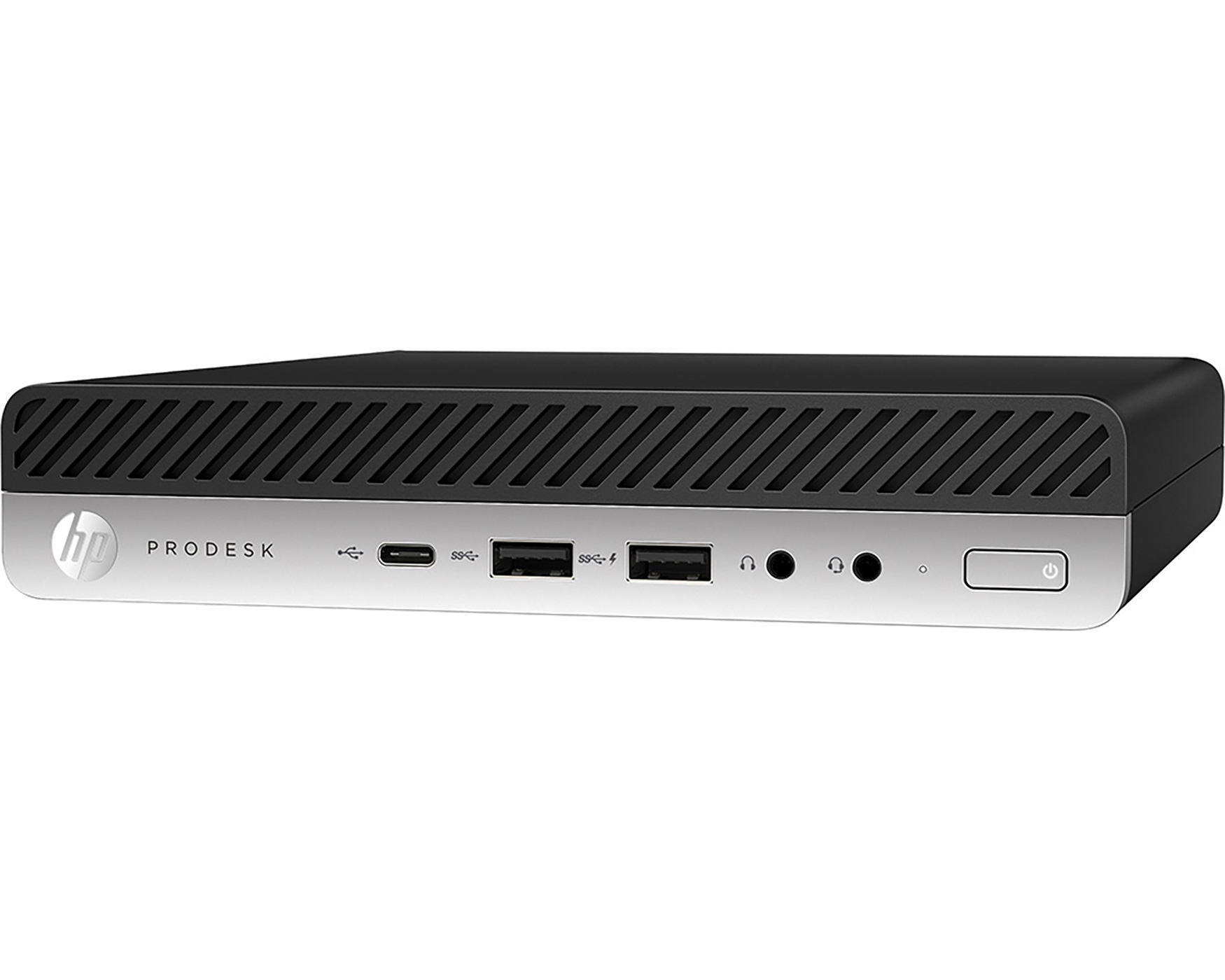 HP ProDesk mini pc. Voorpaneel met poorten en het HP-logo.