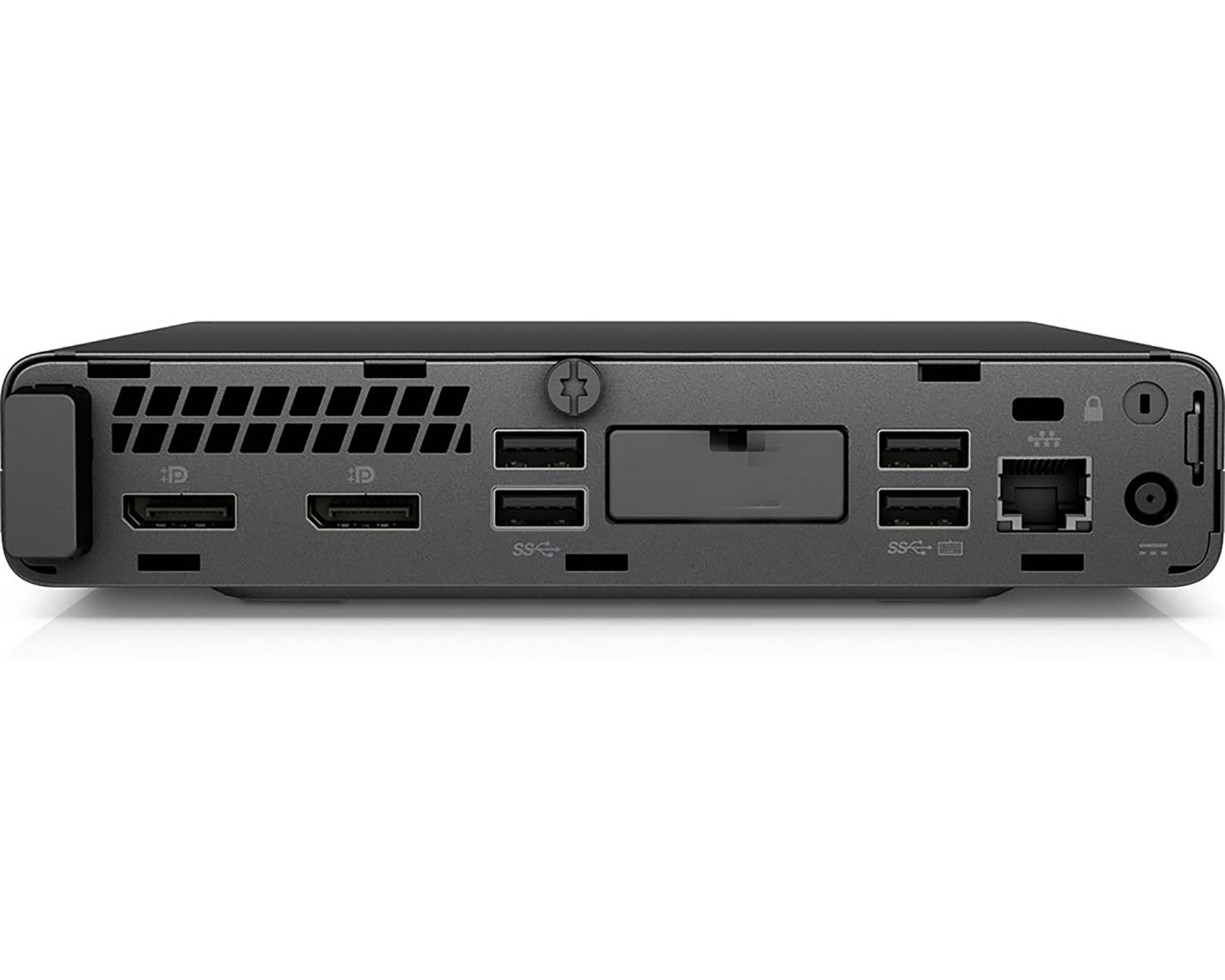 De achterkant van een zwarte mini-pc met verschillende poorten: USB, HDMI, Ethernet en stroomconnector.