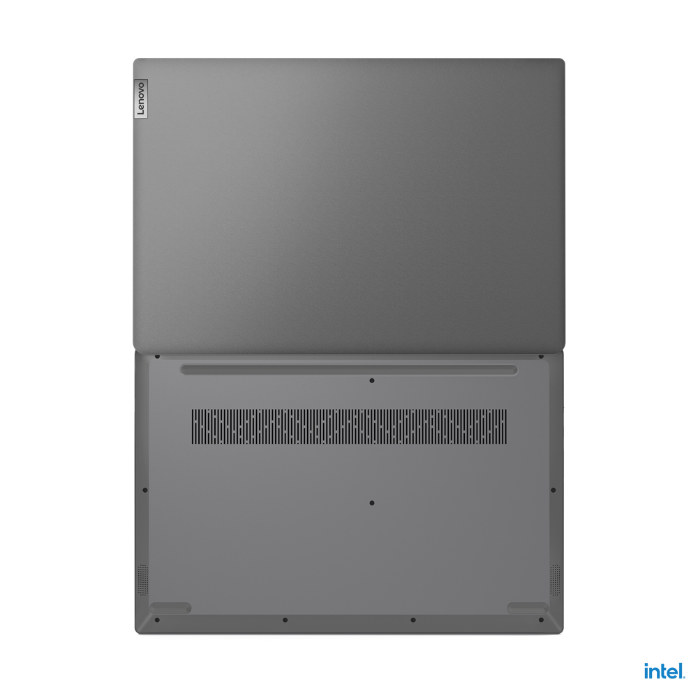 Vista inferiore del laptop. Grigio, con logo Lenovo e Intel in basso.