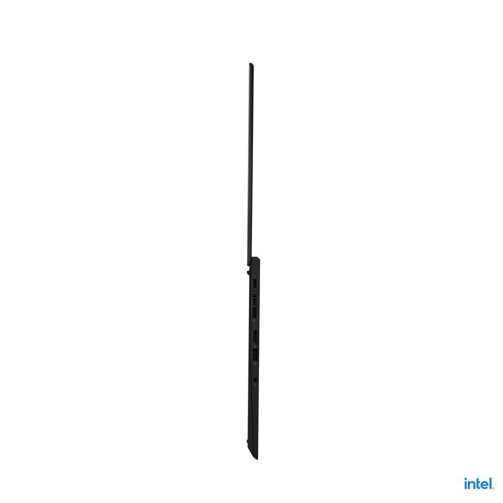Schwarzer Laptop Seitenansicht, Bildschirm geschlossen, mit Intel-Logo unten rechts.