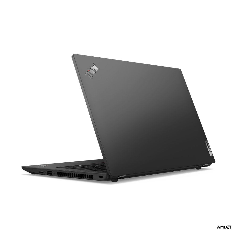 Laptop ThinkPad nero, leggermente aperto, angolato a destra, sfondo bianco, con logo AMD.