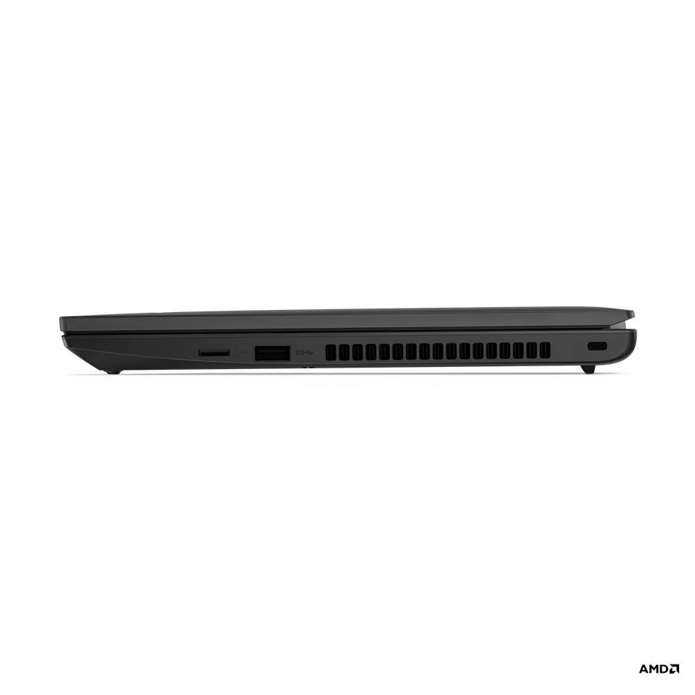 Vista laterale di un laptop nero. Mostra le porte e il logo AMD.