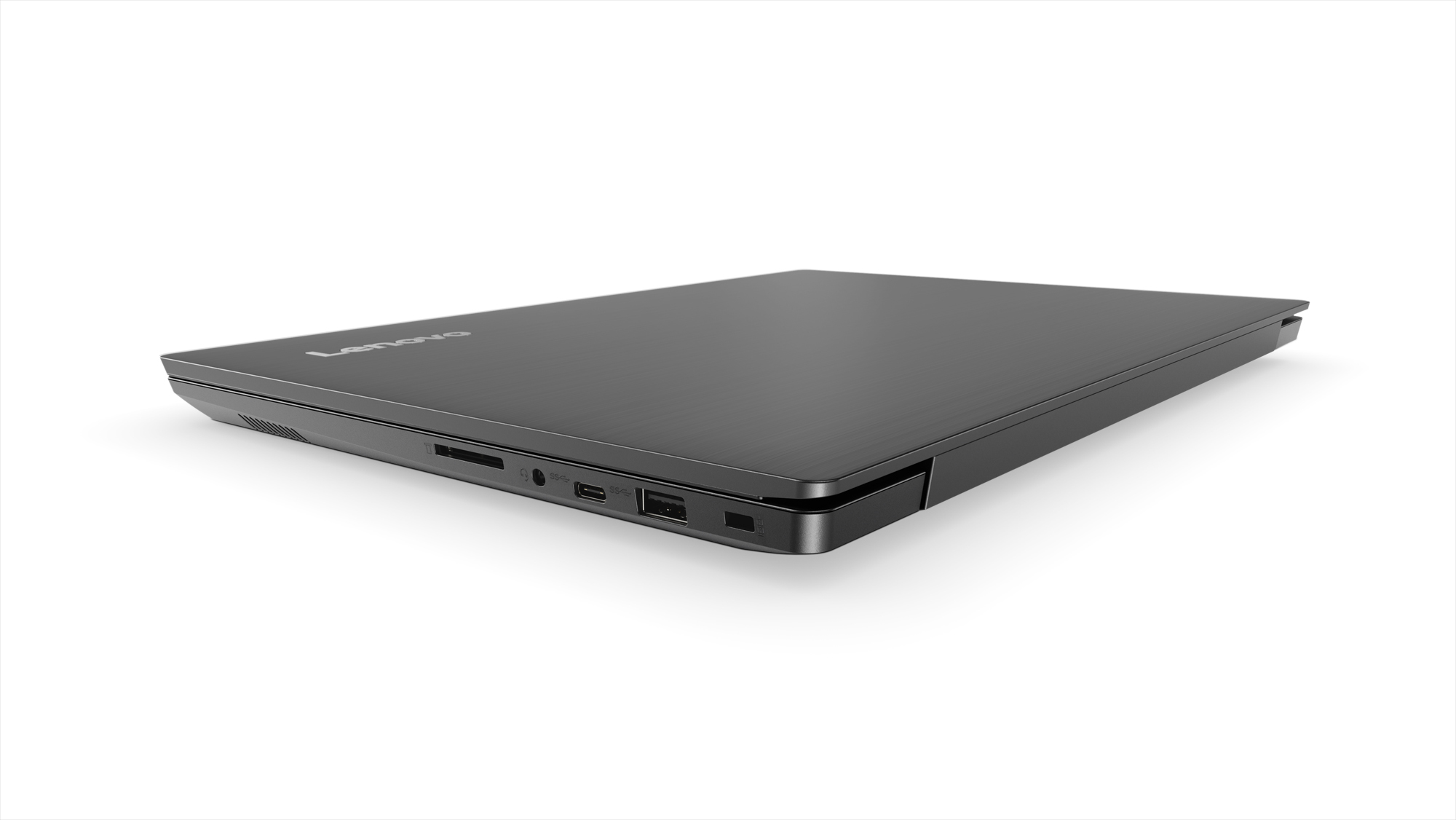 Laptop scuro chiuso, vista laterale, su una superficie bianca. Logo Lenovo in alto.