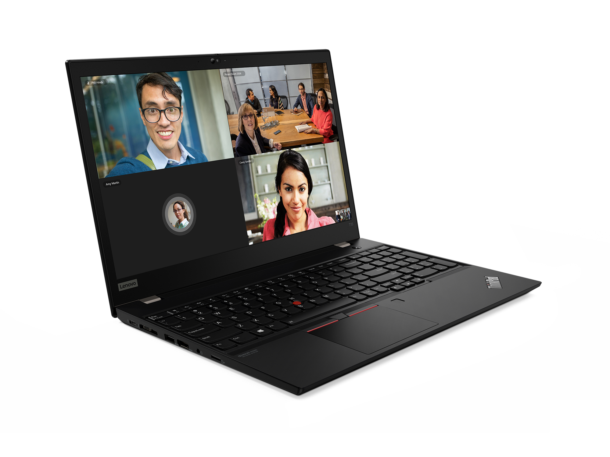 Schermo del laptop che mostra una videochiamata. Sfondo bianco.