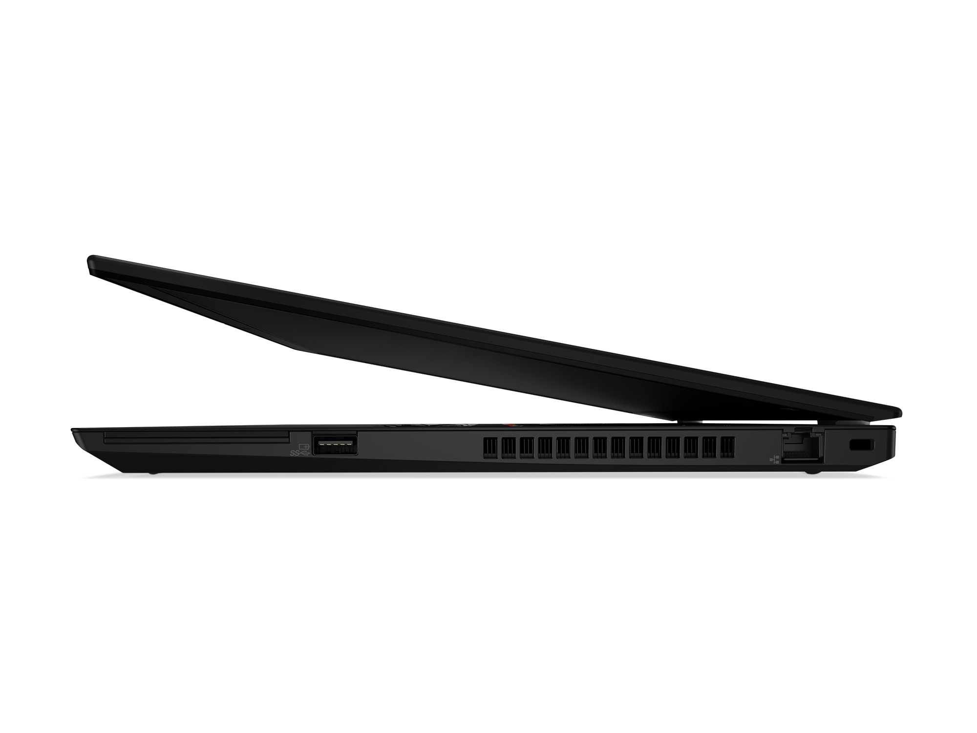 Laptop nero, vista laterale, parzialmente aperto. Le porte sono visibili sul lato.