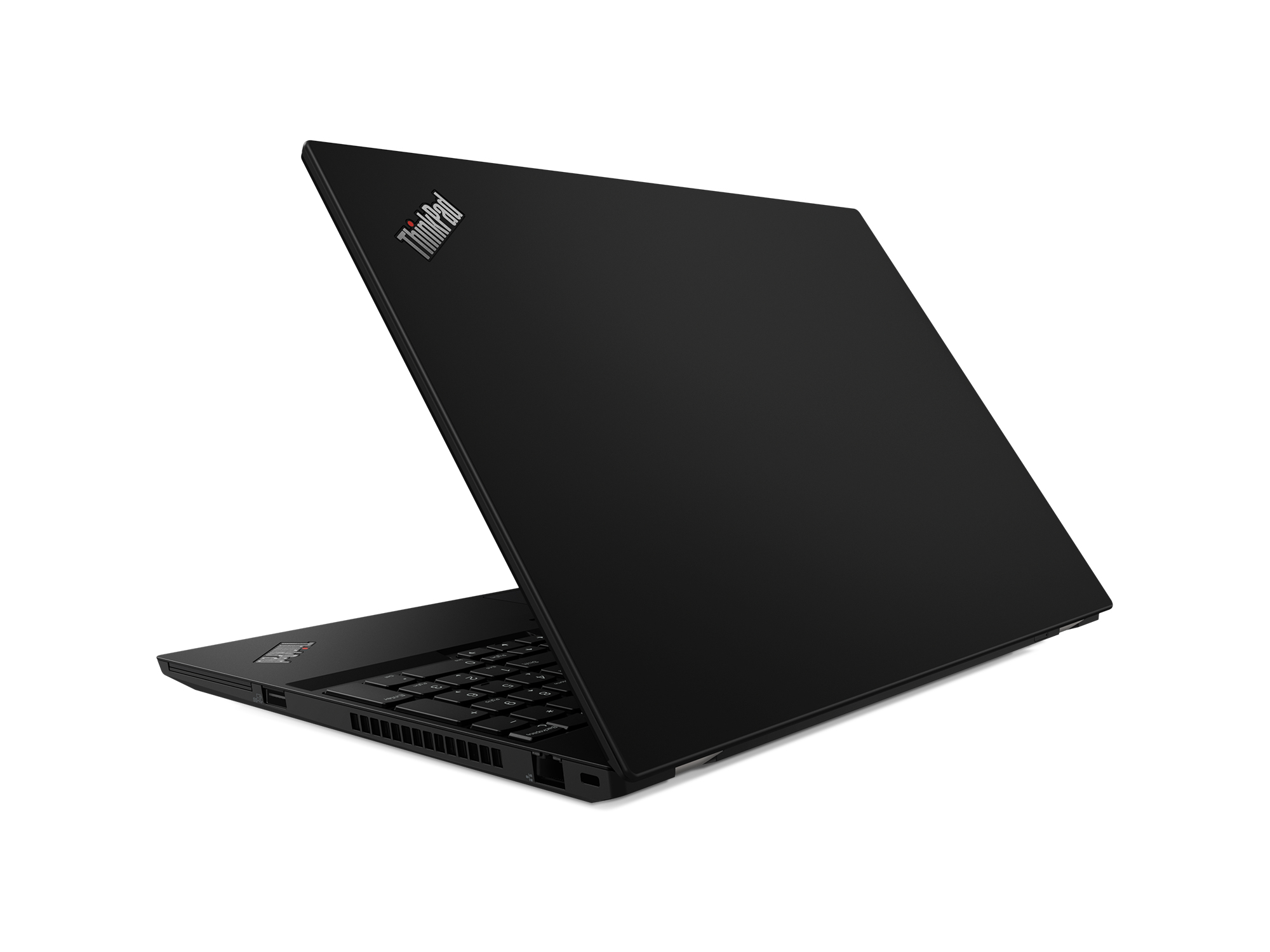 Laptop Lenovo ThinkPad nero, aperto, leggermente inclinato. Tastiera visibile.