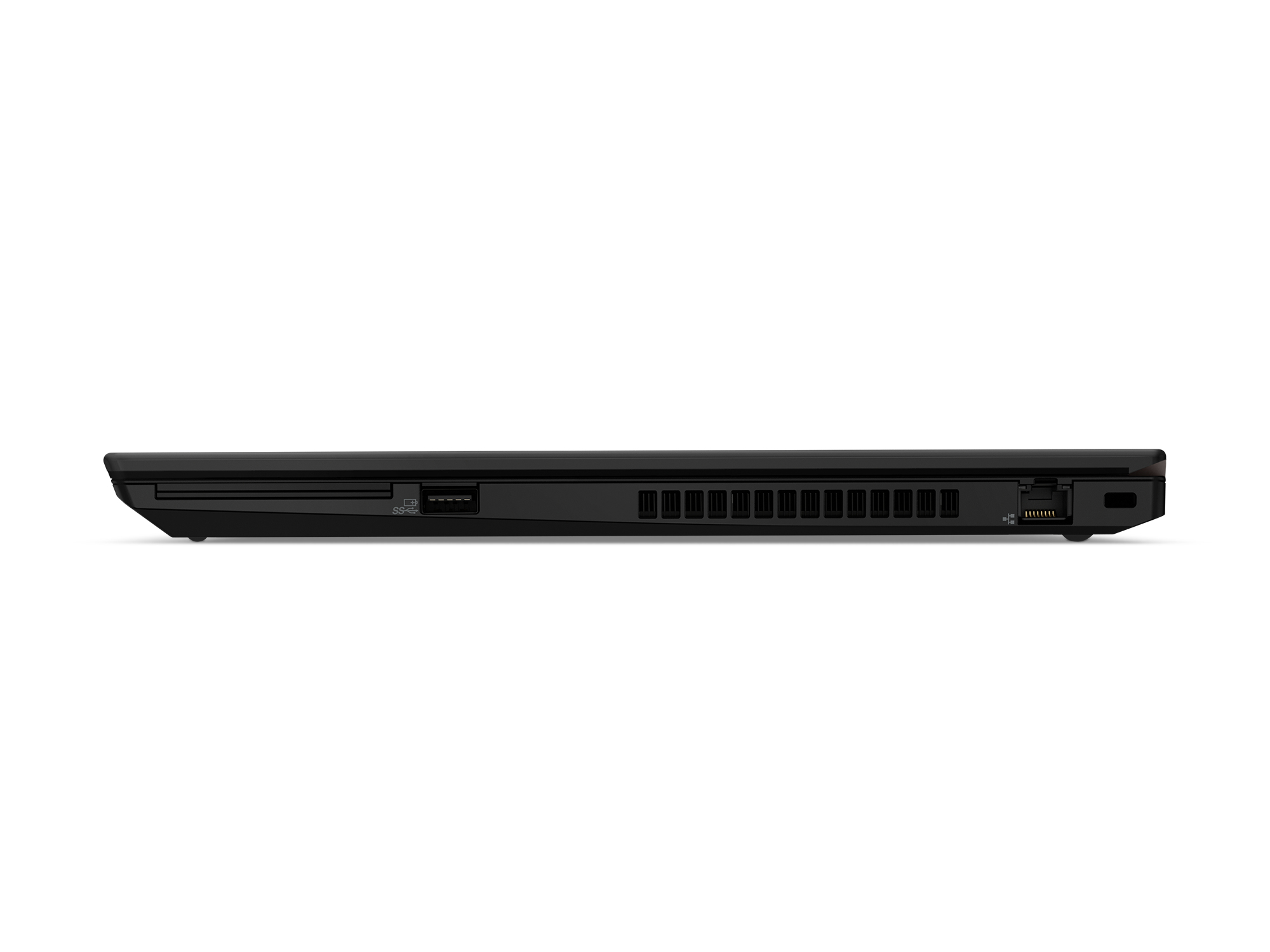 Laptop nero di lato, con porte e griglie di ventilazione.