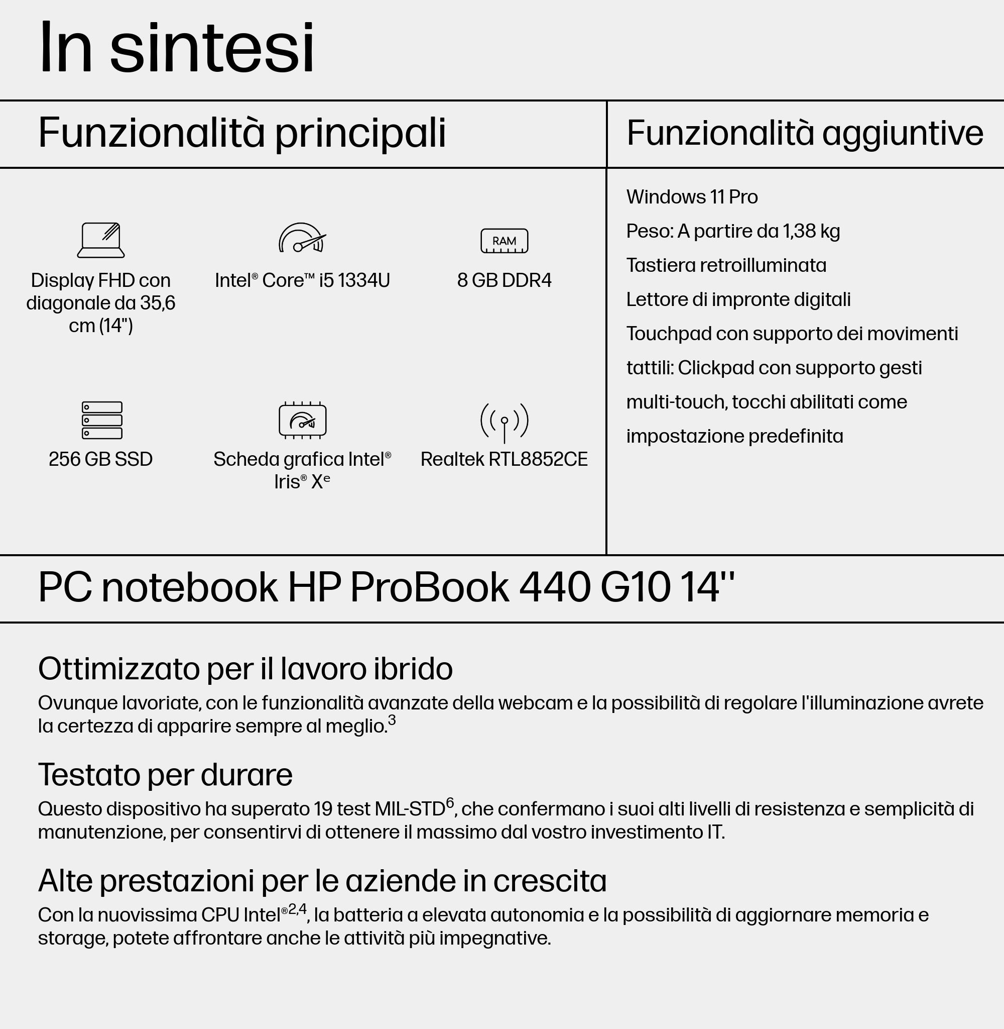 Un documento italiano con dettagli su funzionalità, prestazioni e specifiche di un laptop.