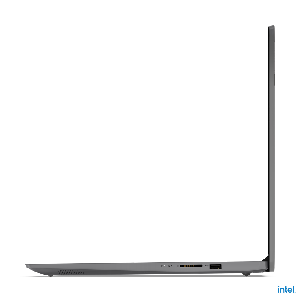 Vista laterale di un laptop grigio con il logo Intel.