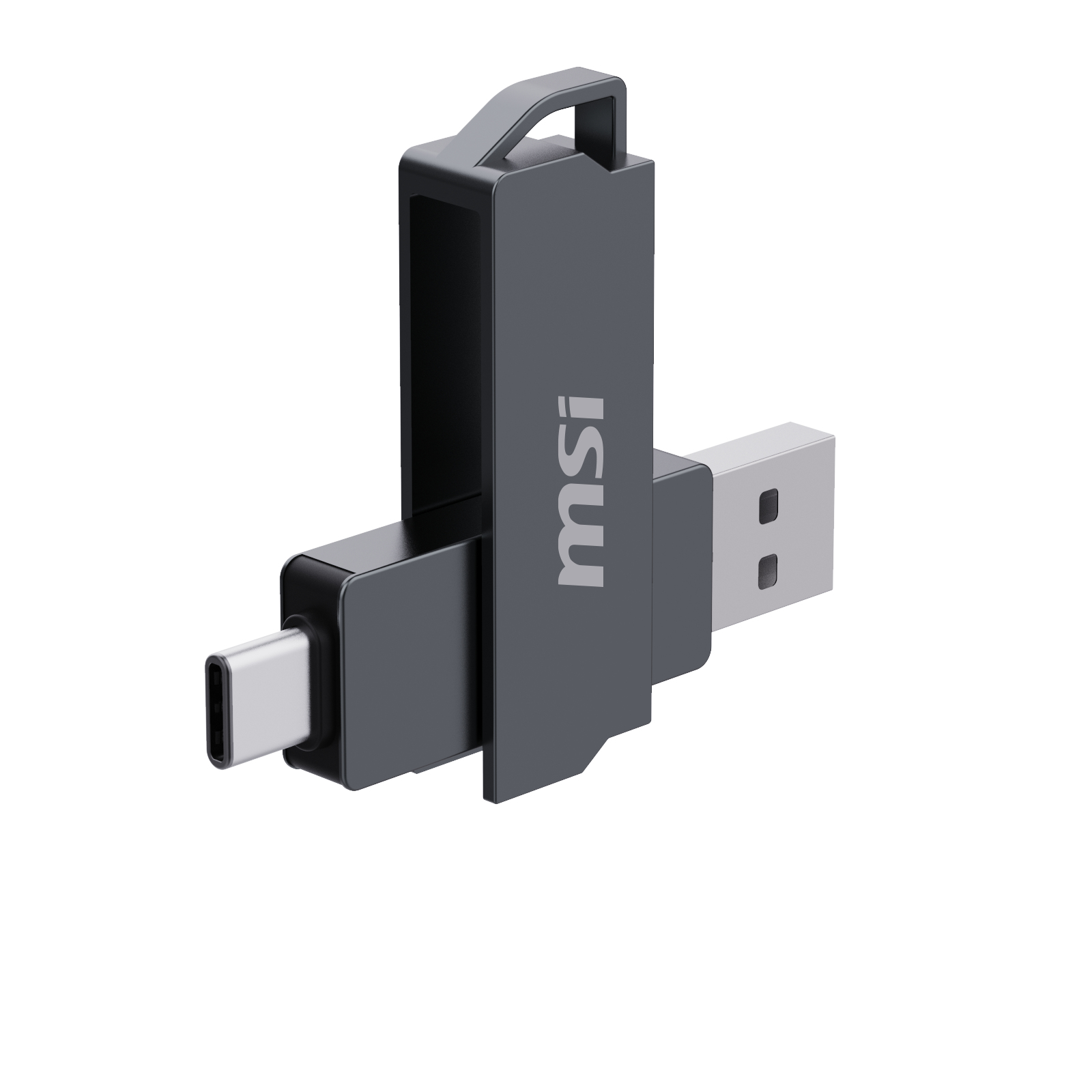 Pen drive USB-C e USB-A grigio con logo MSI. La porta USB-C è visibile.