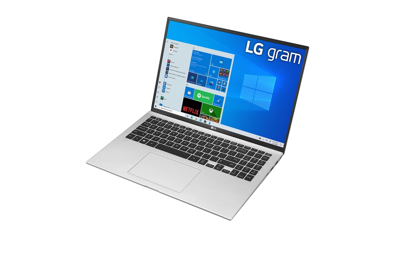 Otwarty laptop z logo LG gram w prawym górnym rogu, wyświetlający ekran pulpitu systemu Windows.