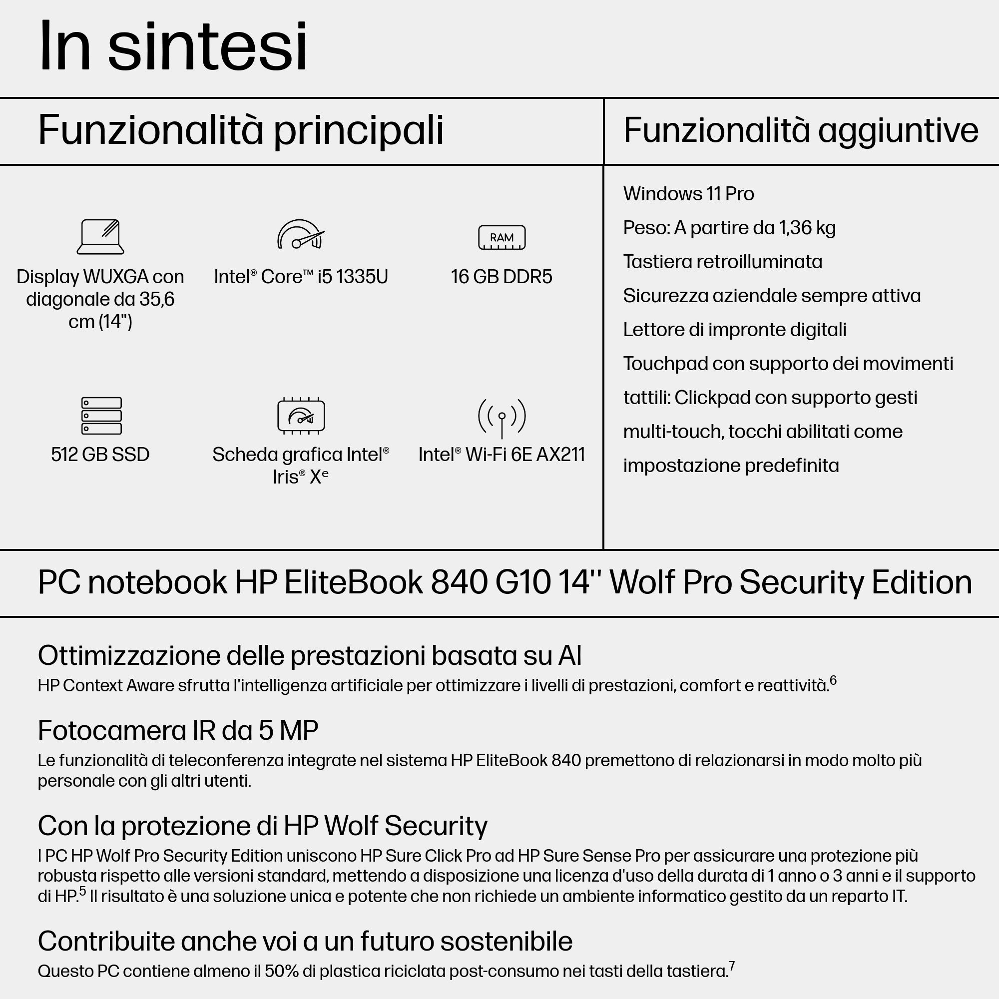 Testo che mostra le caratteristiche del laptop HP EliteBook 840 G10, specifiche e funzionalità aggiuntive.