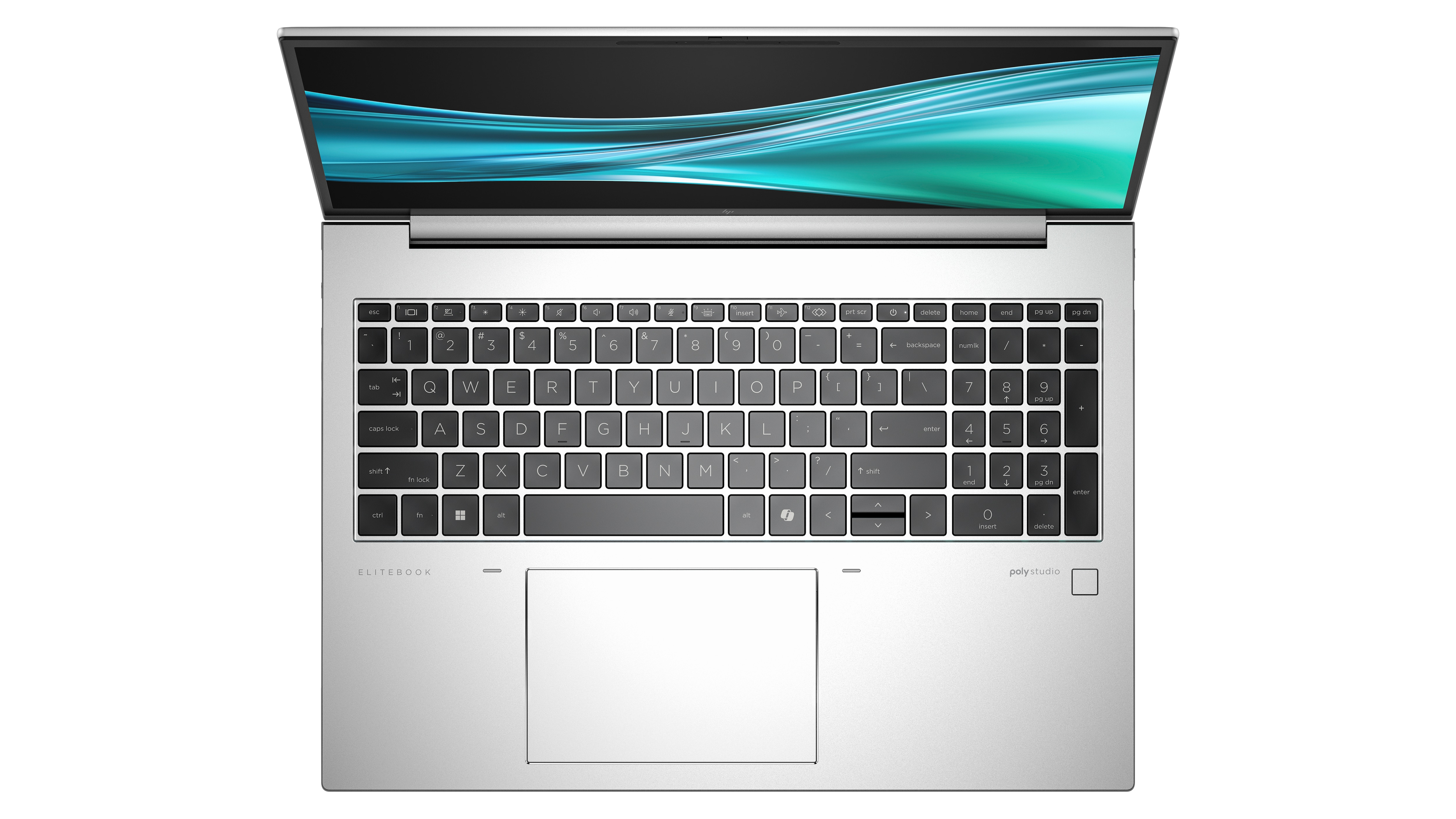 Tastiera del laptop, vista dall'alto, aperta. Corpo argentato, tasti neri, sfondo bianco.