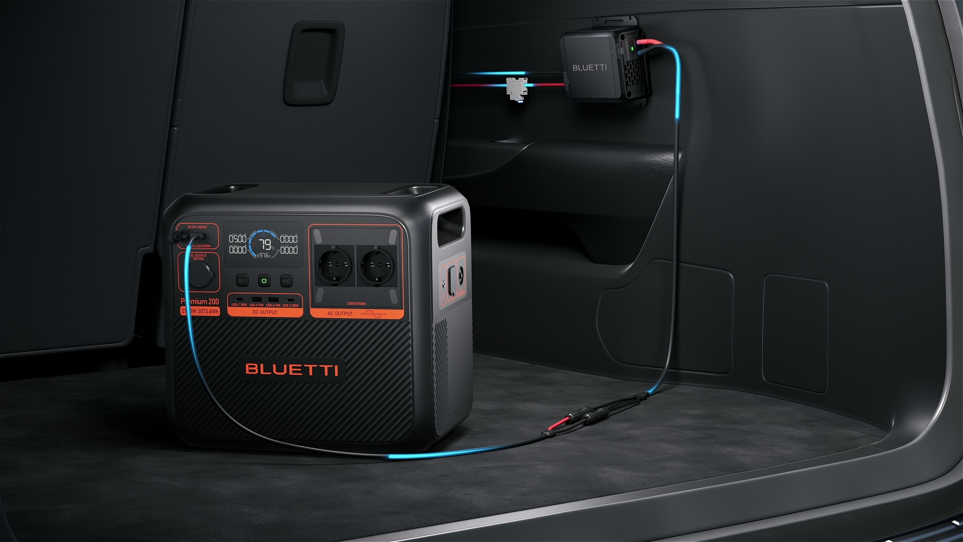 Przenośna stacja zasilania i mniejsza jednostka znajdują się w pojeździe, połączone kablami.