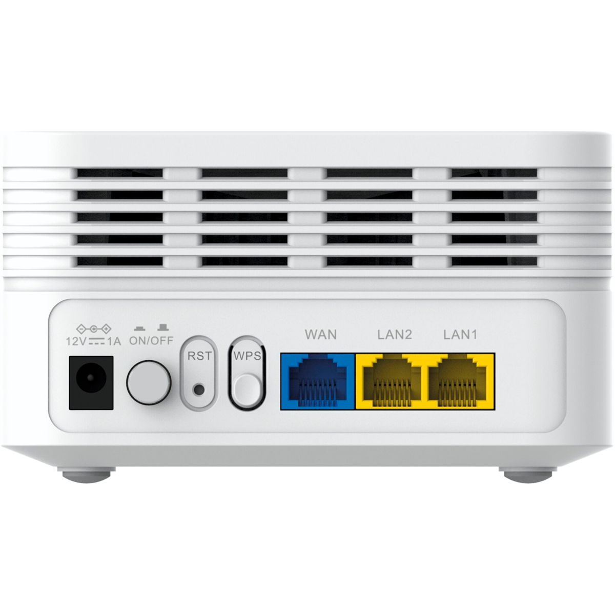Biały router z kilkoma portami oznaczonymi WAN, LAN1 i LAN2. Posiada przycisk 12V i ON/OFF.