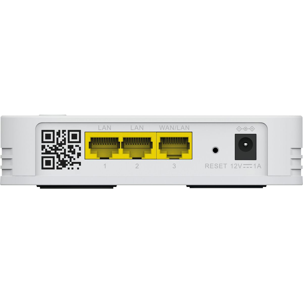 Weißes Modem mit drei gelben LAN-Anschlüssen, QR-Code, Reset-Taste und Stromeingang.