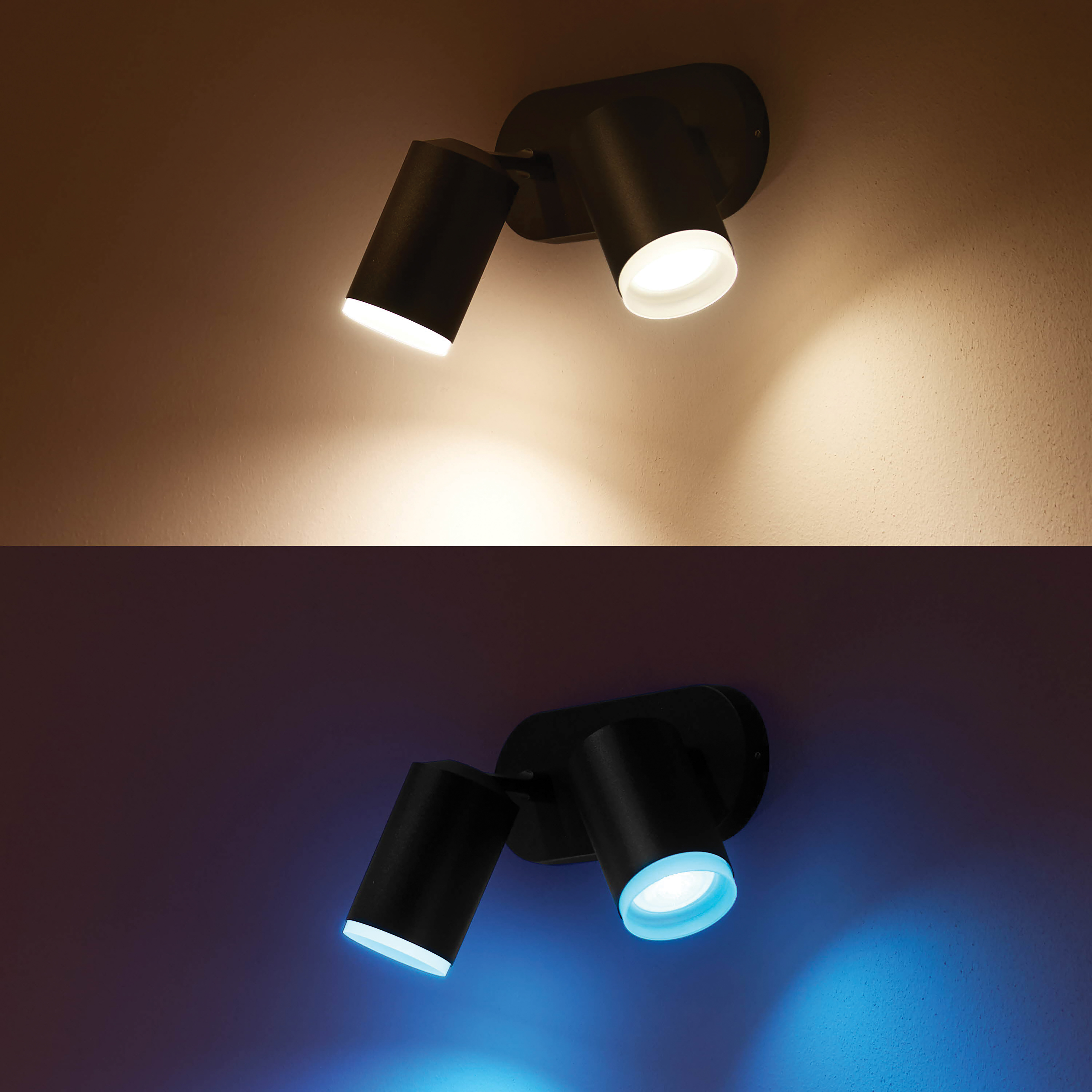 Twee zwarte spots op een muur, met verschillende lichtkleuren getoond.