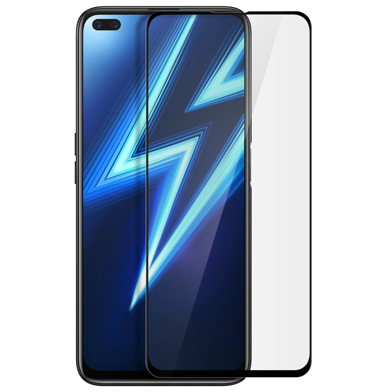 Uno smartphone con protezione schermo applicata. Lo schermo mostra un fulmine blu e bianco.
