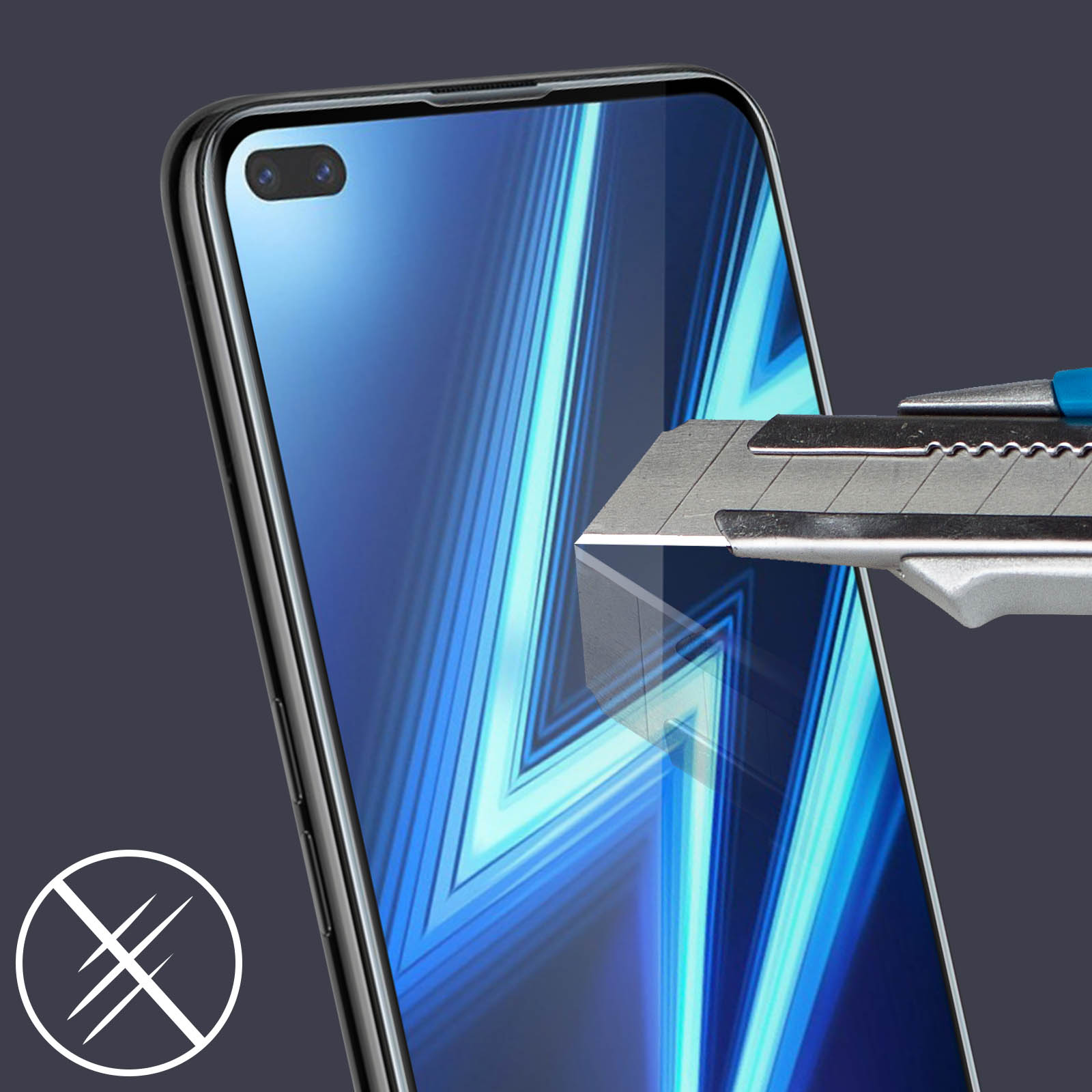 Uno schermo del telefono tagliato da un taglierino. Lo schermo ha un design blu. Un simbolo infrangibile è visibile.