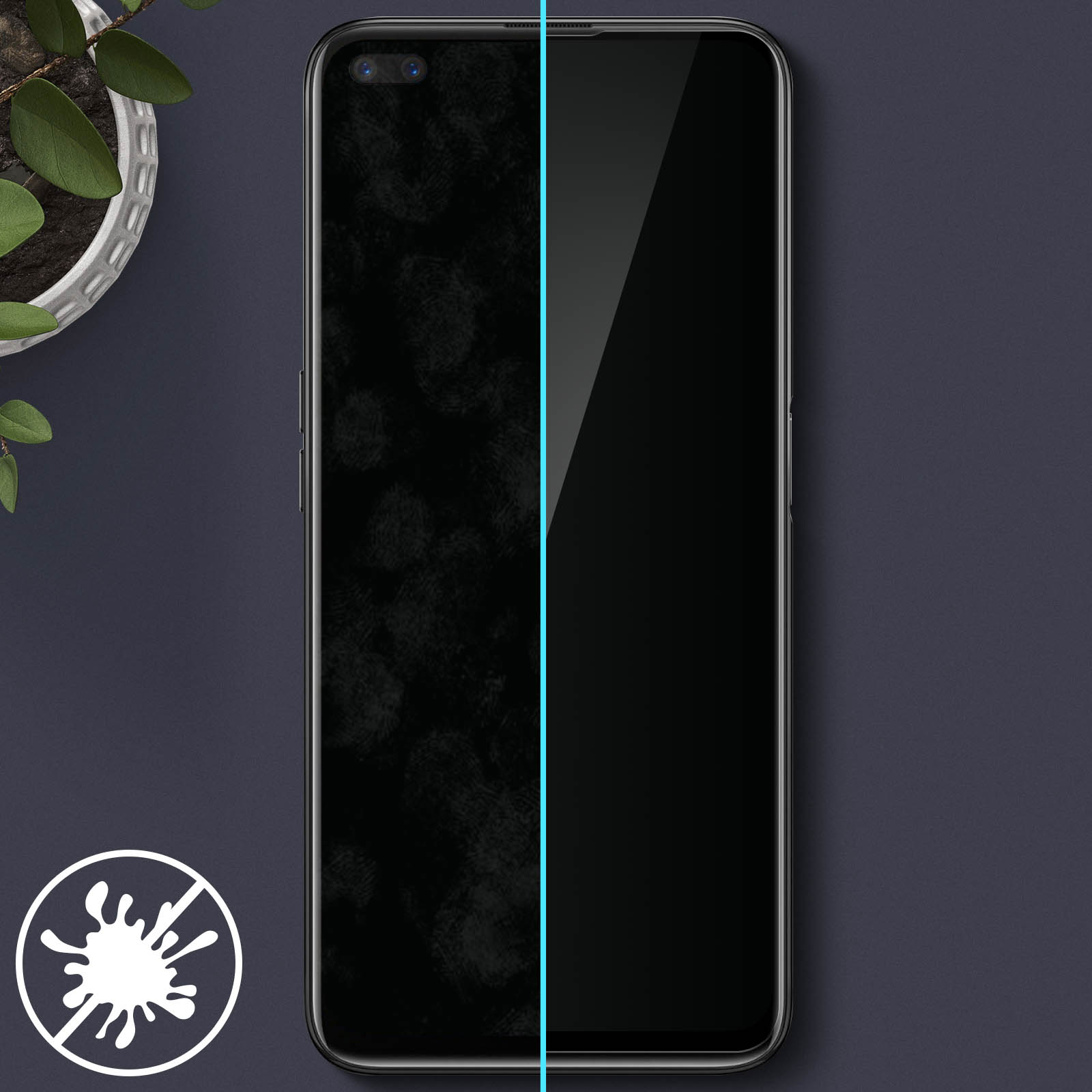 Lo schermo di uno smartphone è diviso. Il lato sinistro è coperto di impronte digitali, il destro è pulito. Una pianta è in alto a sinistra.