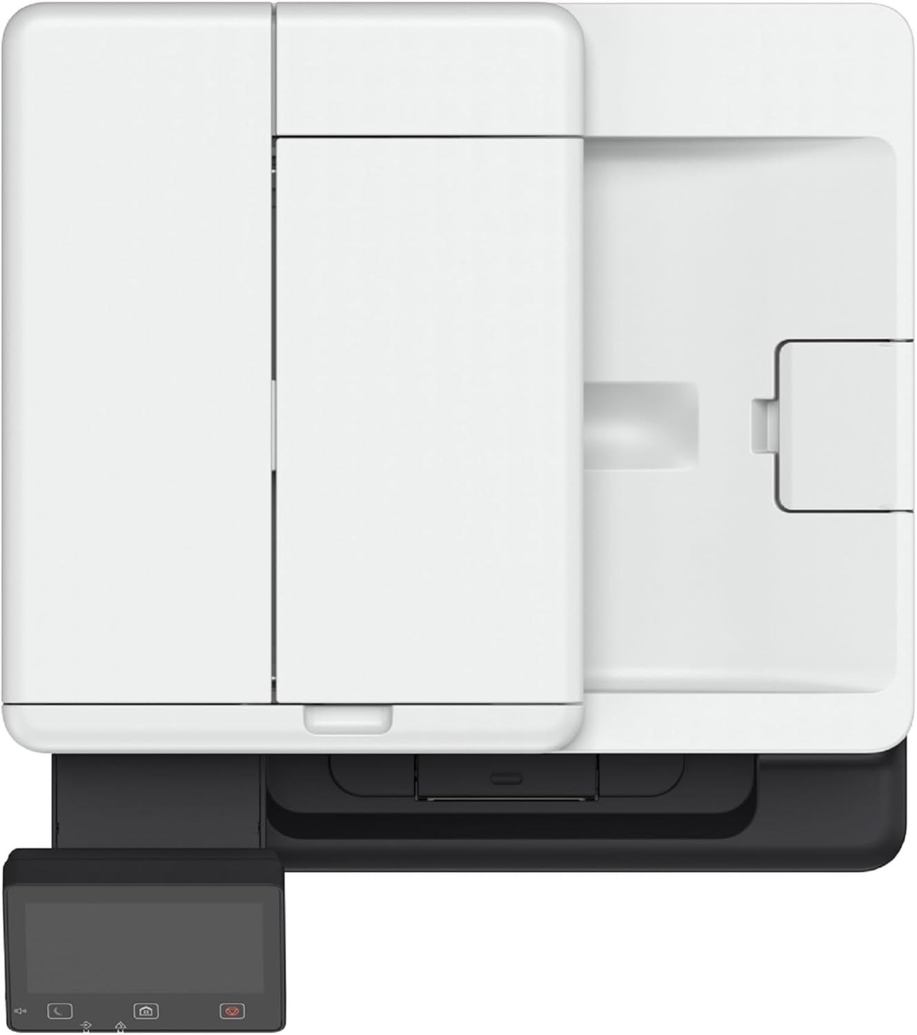 Biała drukarka, widok z góry, z otwartą tacą i małym ekranem.