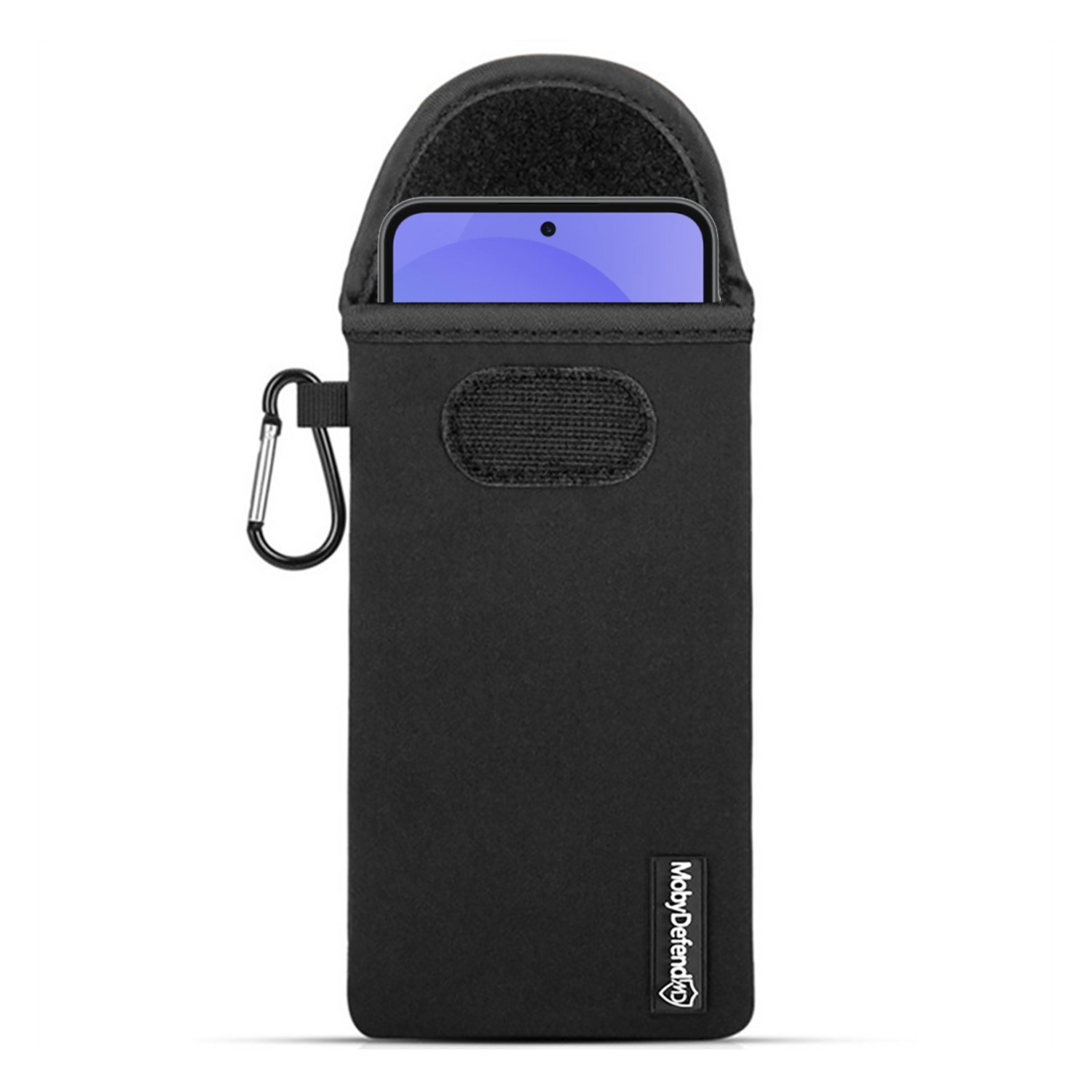 Zwarte telefoonhoes met een smartphone erin, met een koordclip.