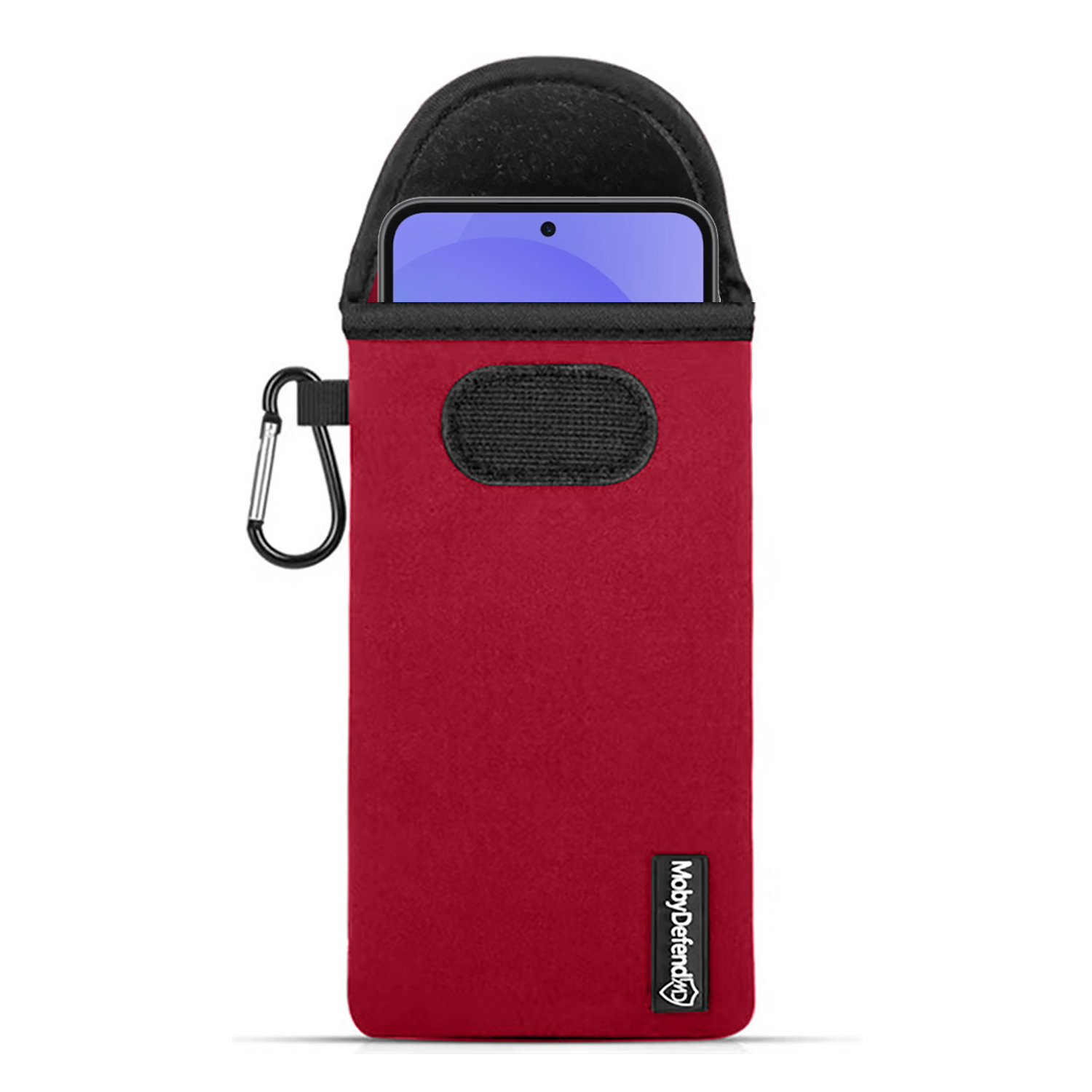 Een rode telefoonhoes met een karabijnhaak, met een telefoon met een zichtbaar scherm.