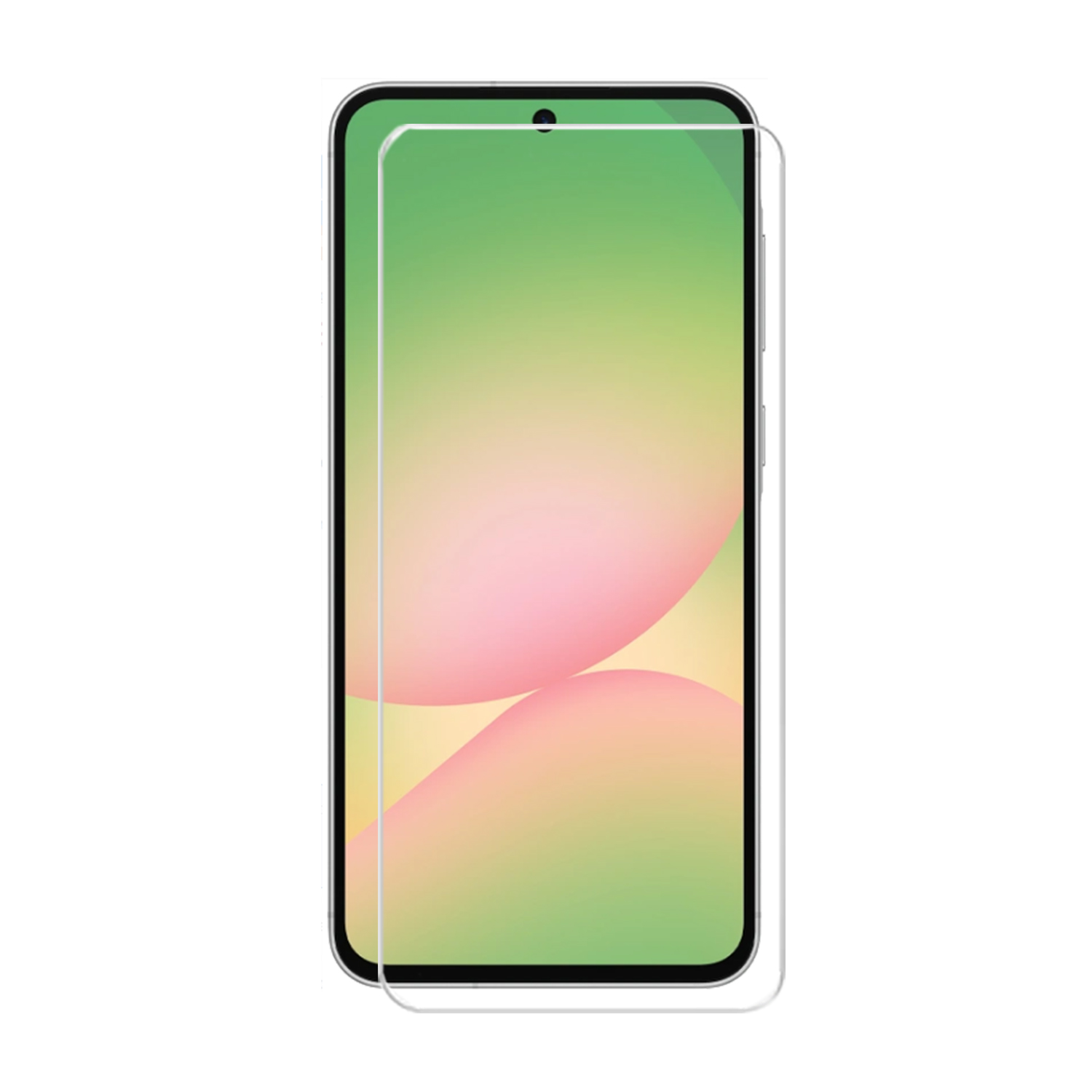 Een smartphone met een screenprotector van gehard glas aangebracht op een witte achtergrond.