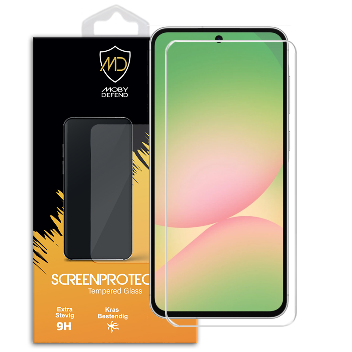 Verpakking van een schermbeschermer en een telefoon met een schermbeschermer erop.