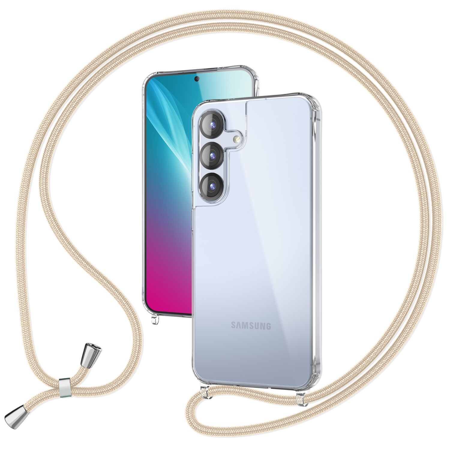 Ein Smartphone in einer transparenten Hülle mit einem Umhängeband und ein zweites Telefon mit blauem Bildschirm.
