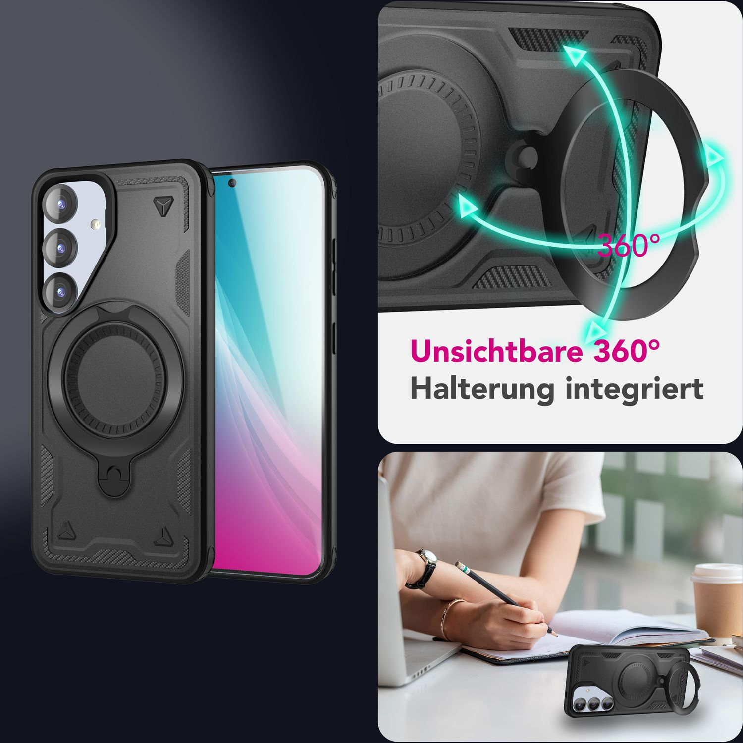 Schwarze Handyhülle mit Ringhalter. Der Ring dreht sich um 360 Grad. Eine Frau schreibt.