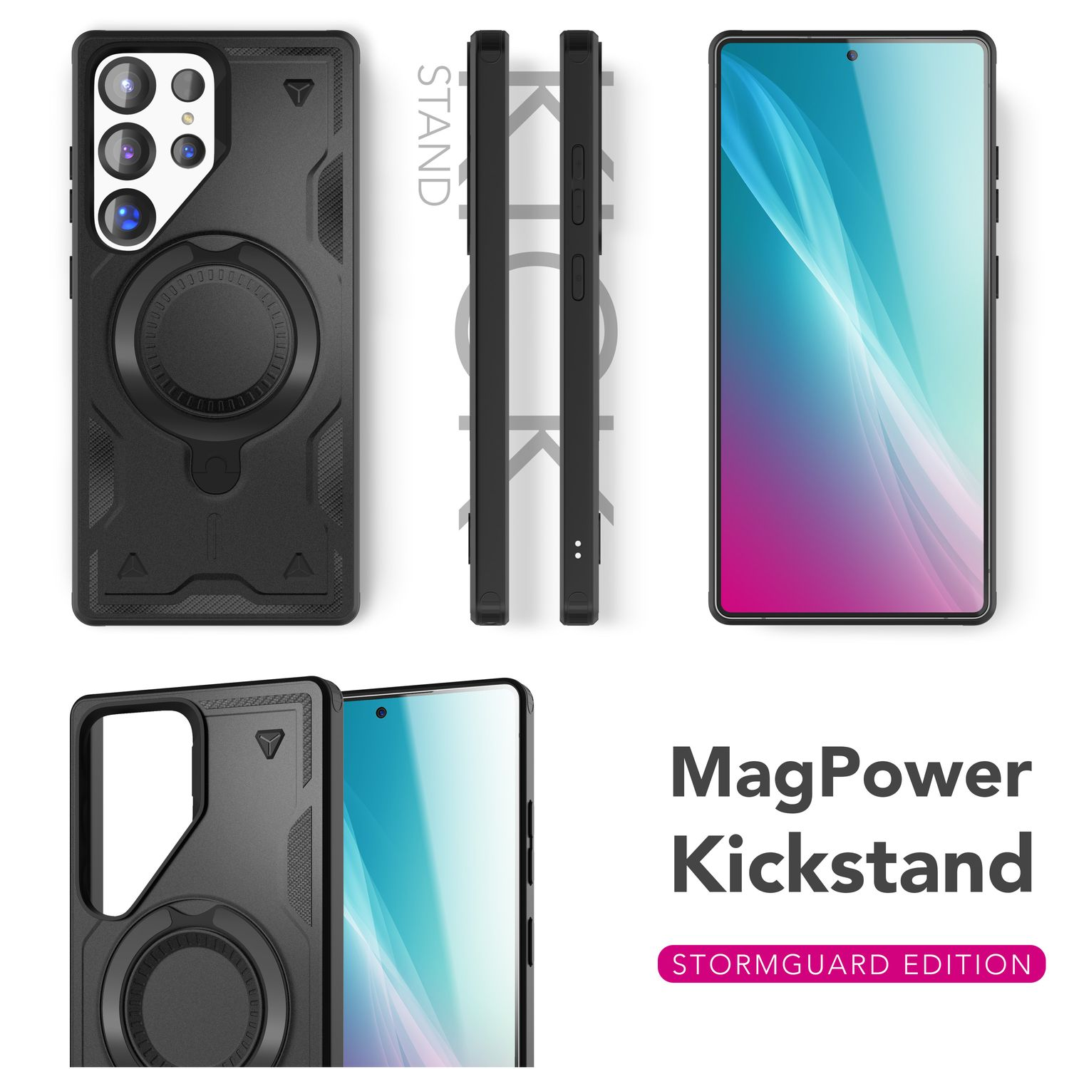 Schwarze Handyhülle mit Ständer, drei Ansichten. Text: MagPower Kickstand, Stormguard Edition.
