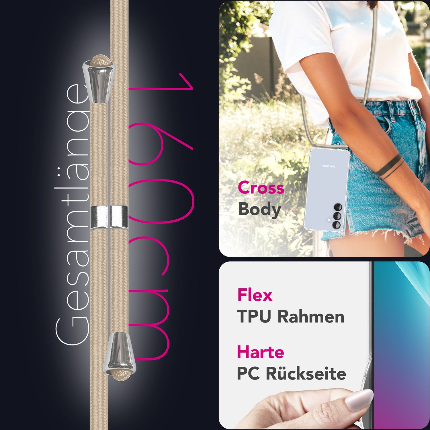 Handyhülle mit Lanyard. Text auf Deutsch. Zeigt ein Telefon in der Hülle. Farbe ist beige mit rosa Akzent.