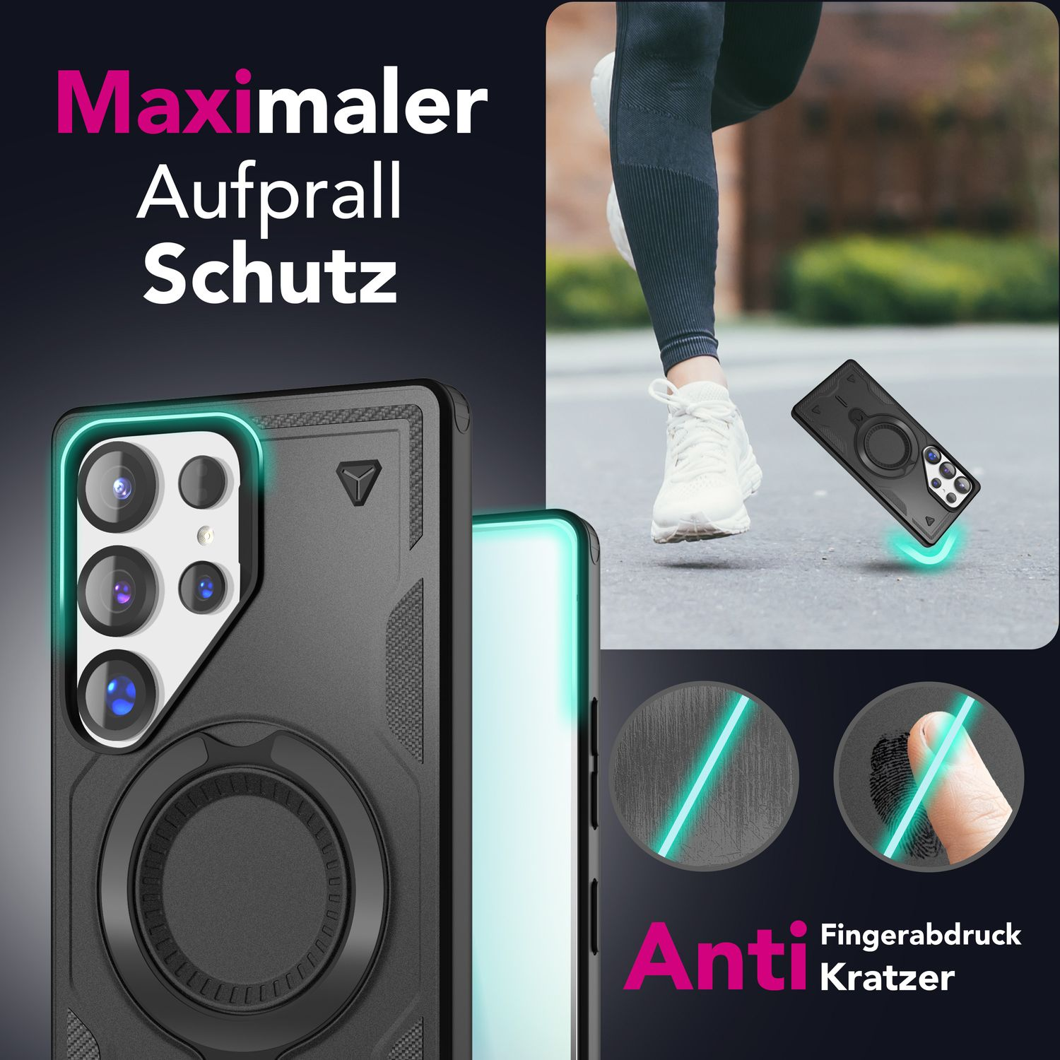 Eine Handyhülle mit Ringhalter und die Beine und Füße einer Person im Hintergrund.