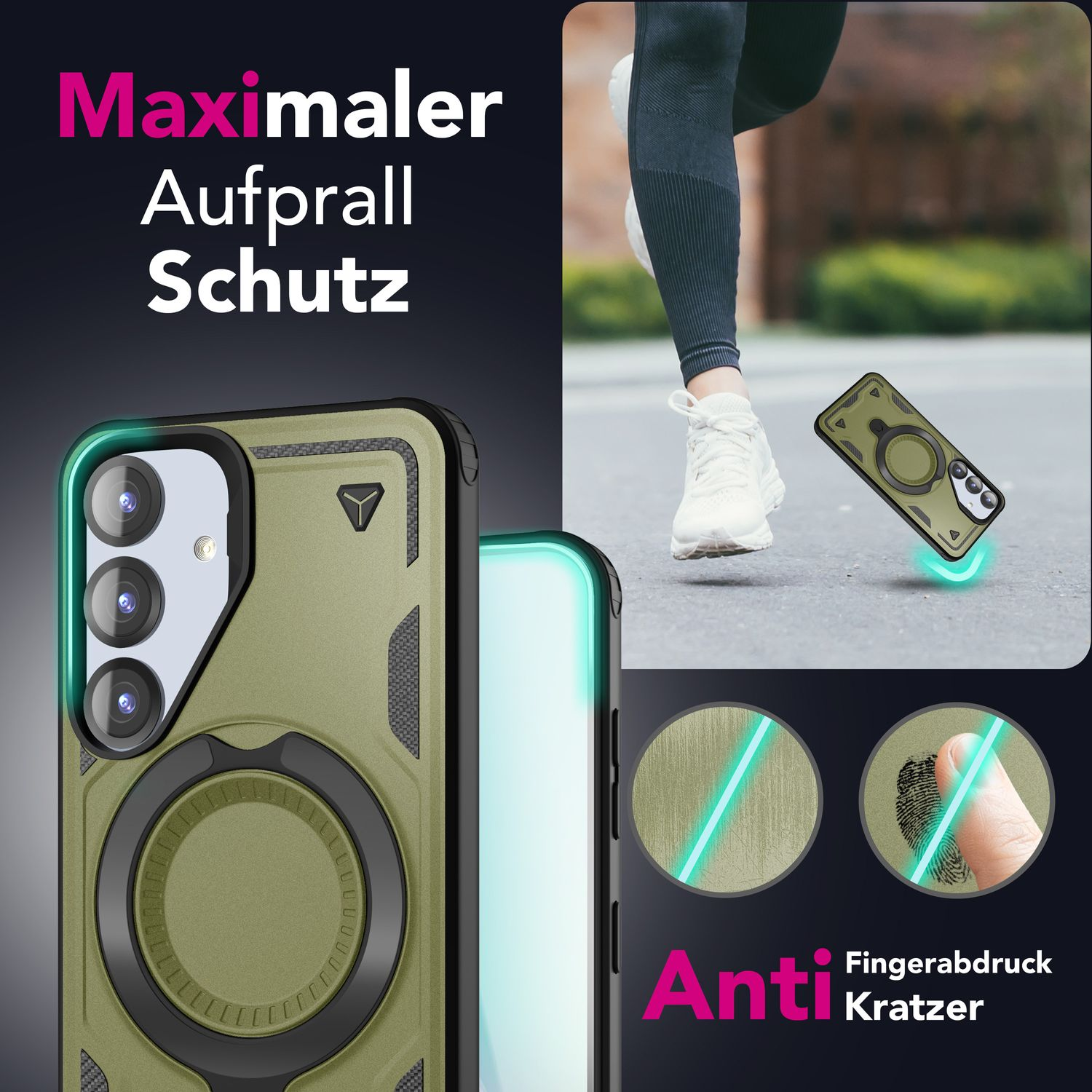 Eine Handyhülle mit Text: Maximaler Aufprall Schutz, Anti und Fingerabdruck Kratzer. Eine Person geht.