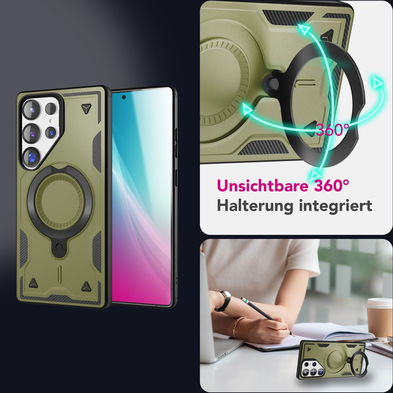 Eine grüne Handyhülle mit drehbarem Ring und eine Frau, die mit einem Stift auf Papier schreibt.